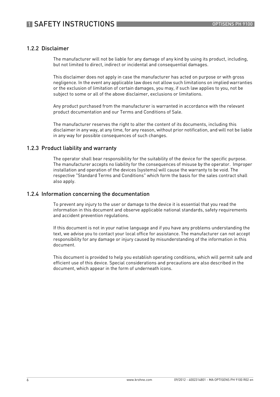 2 disclaimer, 3 product liability and warranty, 4 information concerning the documentation | Safety instructions | KROHNE OPTISENS PH 9100 EN User Manual | Page 6 / 48