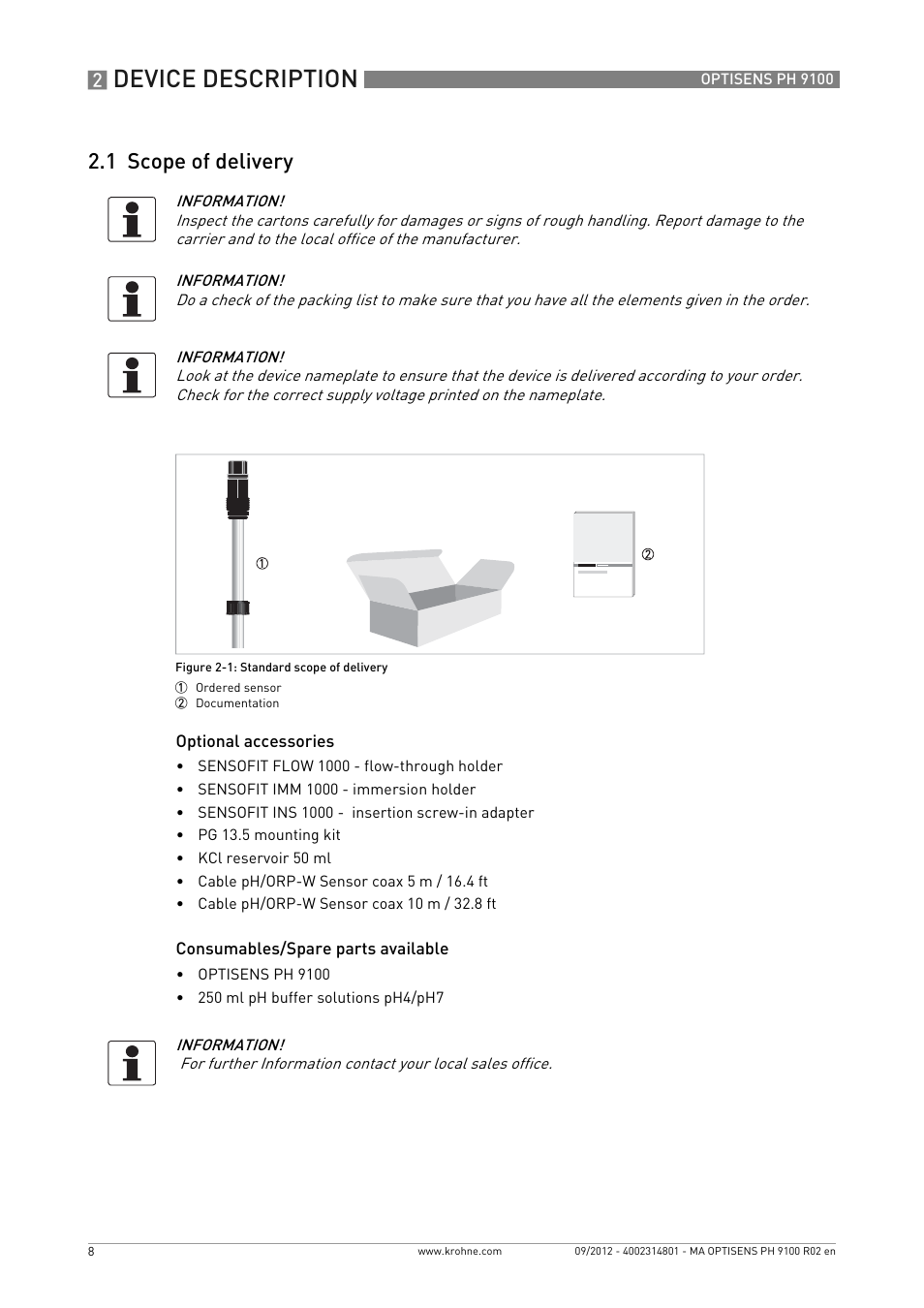 1 scope of delivery, Device description | KROHNE OPTISENS PH 9100 EN User Manual | Page 8 / 48