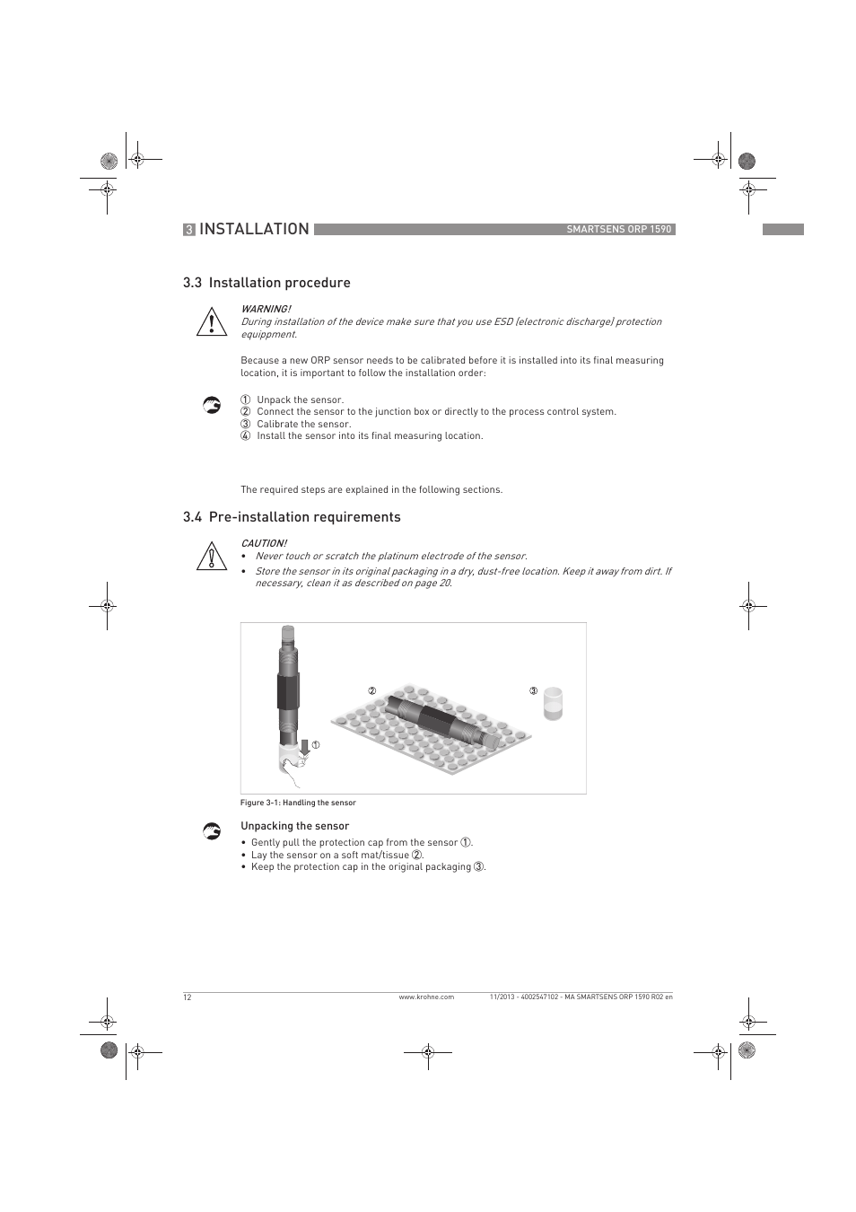 Installation, 3 installation procedure, 4 pre-installation requirements | KROHNE SMARTSENS ORP 1590 EN User Manual | Page 12 / 36