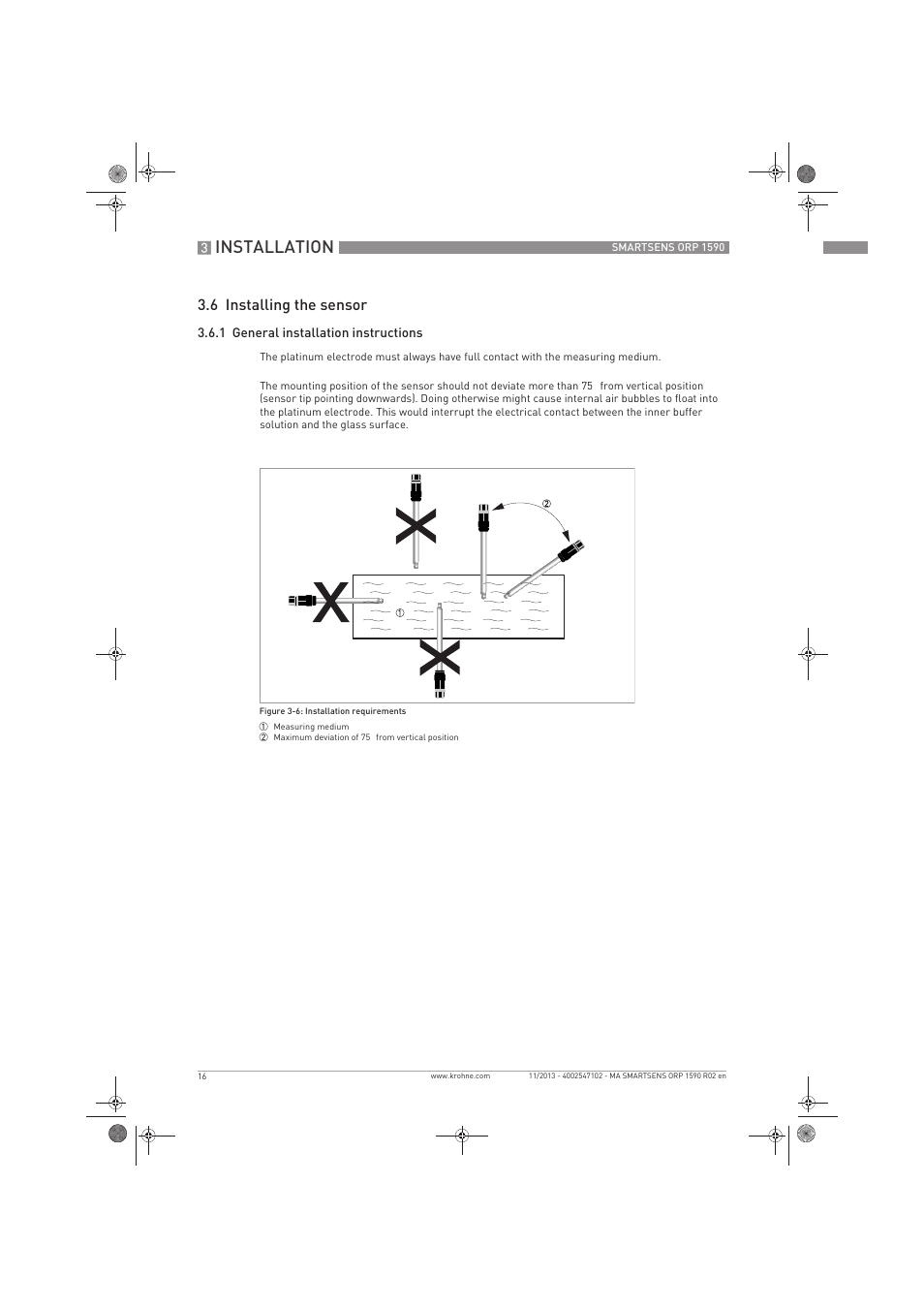 Installation, 6 installing the sensor | KROHNE SMARTSENS ORP 1590 EN User Manual | Page 16 / 36