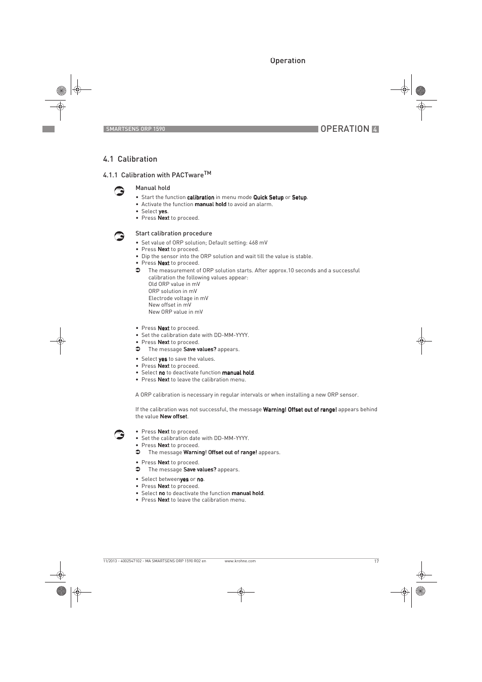 Operation, Operation 4.1 calibration | KROHNE SMARTSENS ORP 1590 EN User Manual | Page 17 / 36