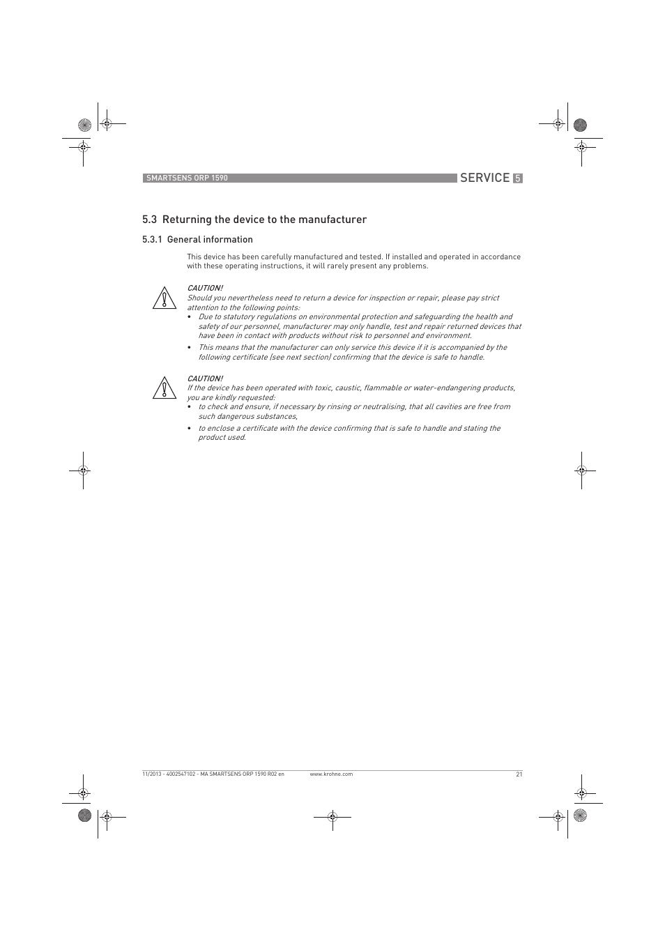 Service, 3 returning the device to the manufacturer | KROHNE SMARTSENS ORP 1590 EN User Manual | Page 21 / 36