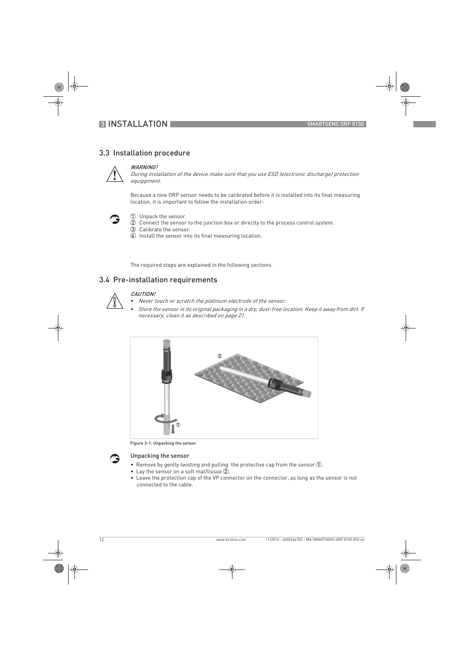 Installation, 3 installation procedure, 4 pre-installation requirements | KROHNE SMARTSENS ORP 8150 EN User Manual | Page 12 / 36