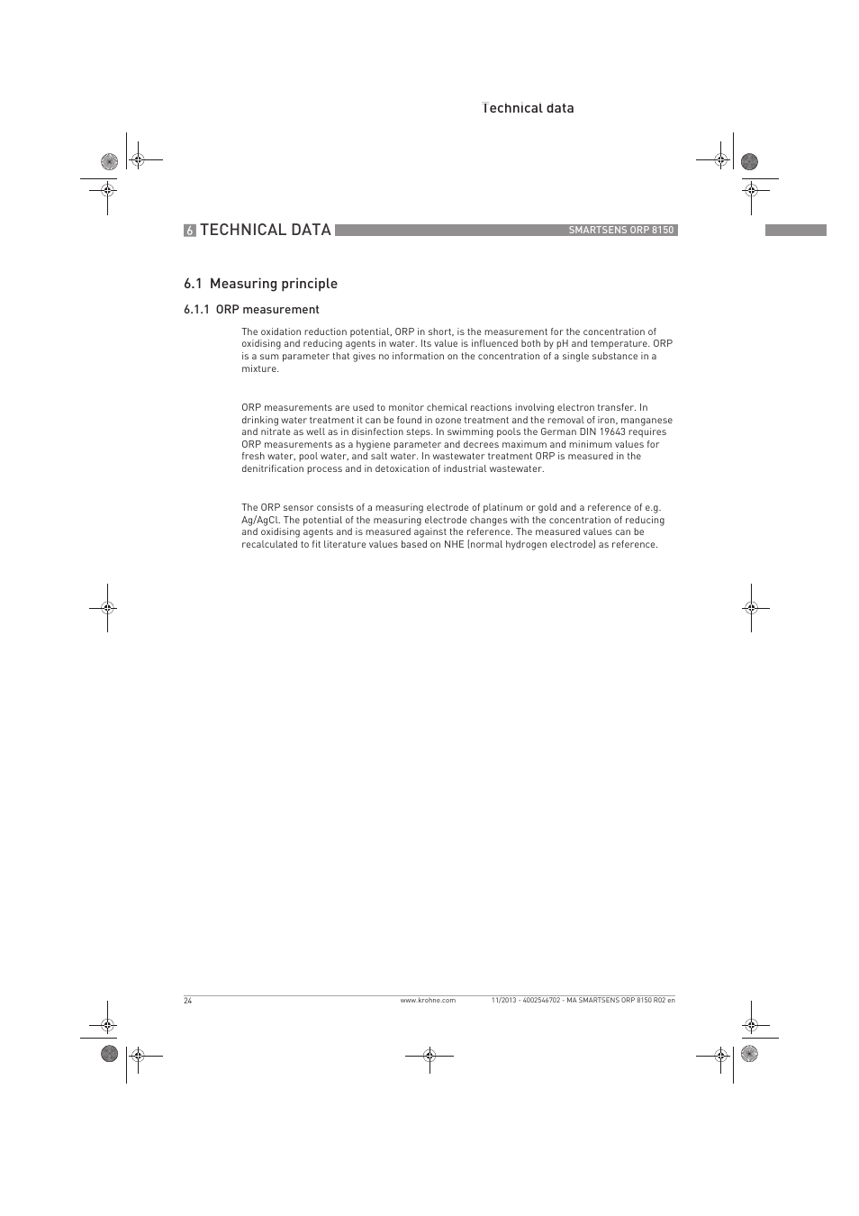 Technical data, Technical data 6.1 measuring principle | KROHNE SMARTSENS ORP 8150 EN User Manual | Page 24 / 36