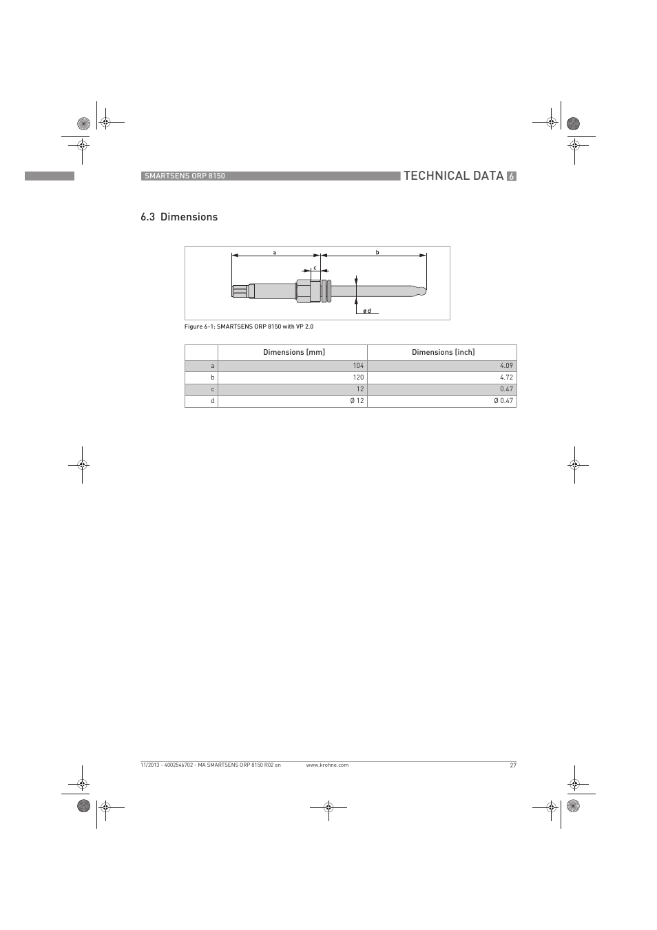 Technical data, 3 dimensions | KROHNE SMARTSENS ORP 8150 EN User Manual | Page 27 / 36