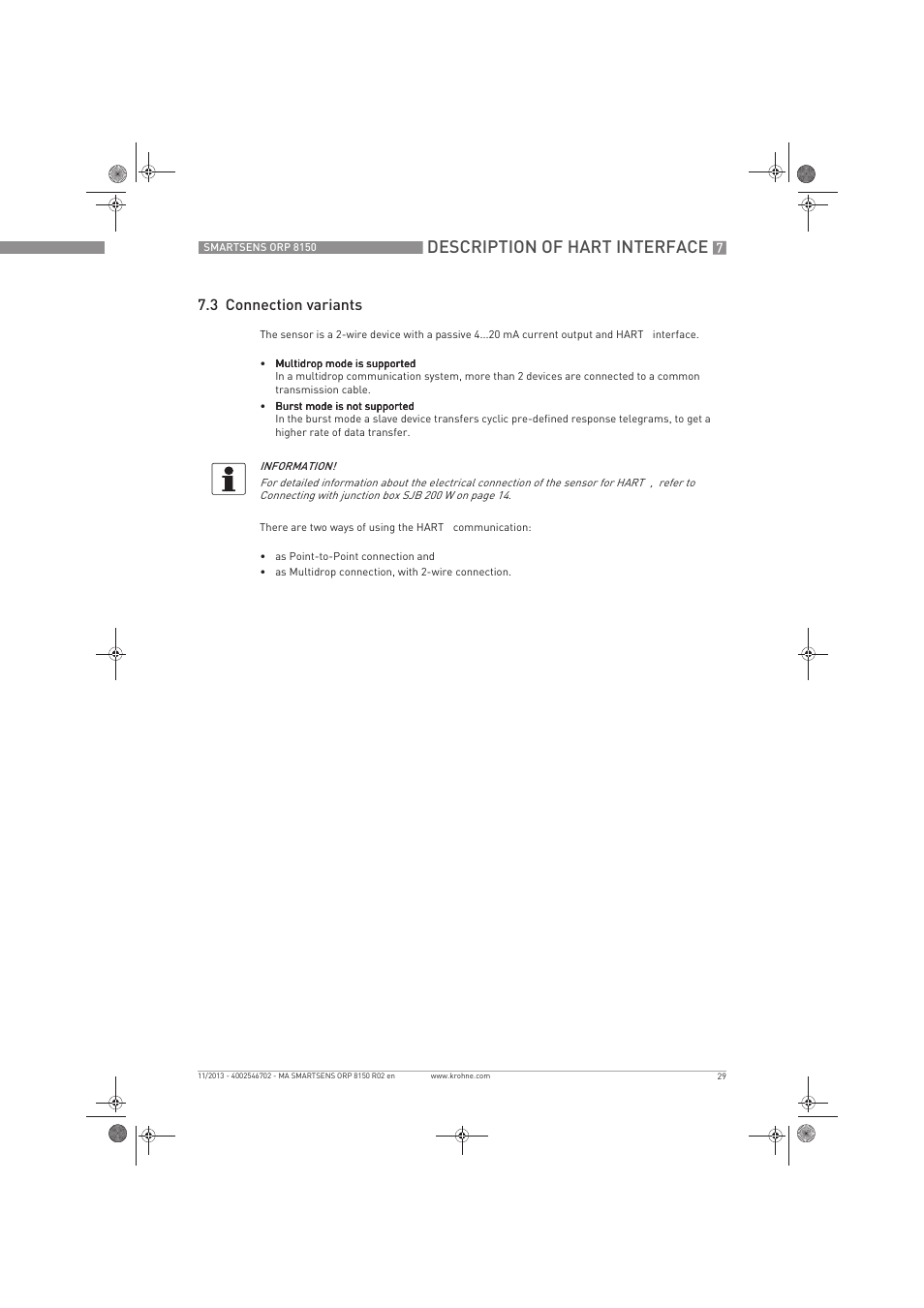 Description of hart interface, 3 connection variants | KROHNE SMARTSENS ORP 8150 EN User Manual | Page 29 / 36