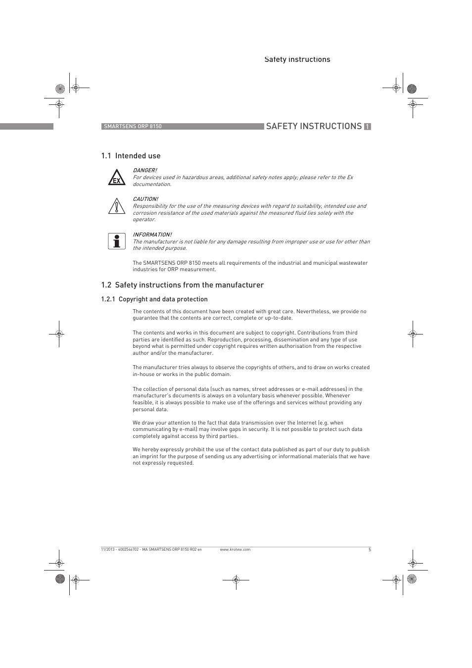 Safety instructions, Safety instructions 1.1 intended use, 2 safety instructions from the manufacturer | KROHNE SMARTSENS ORP 8150 EN User Manual | Page 5 / 36