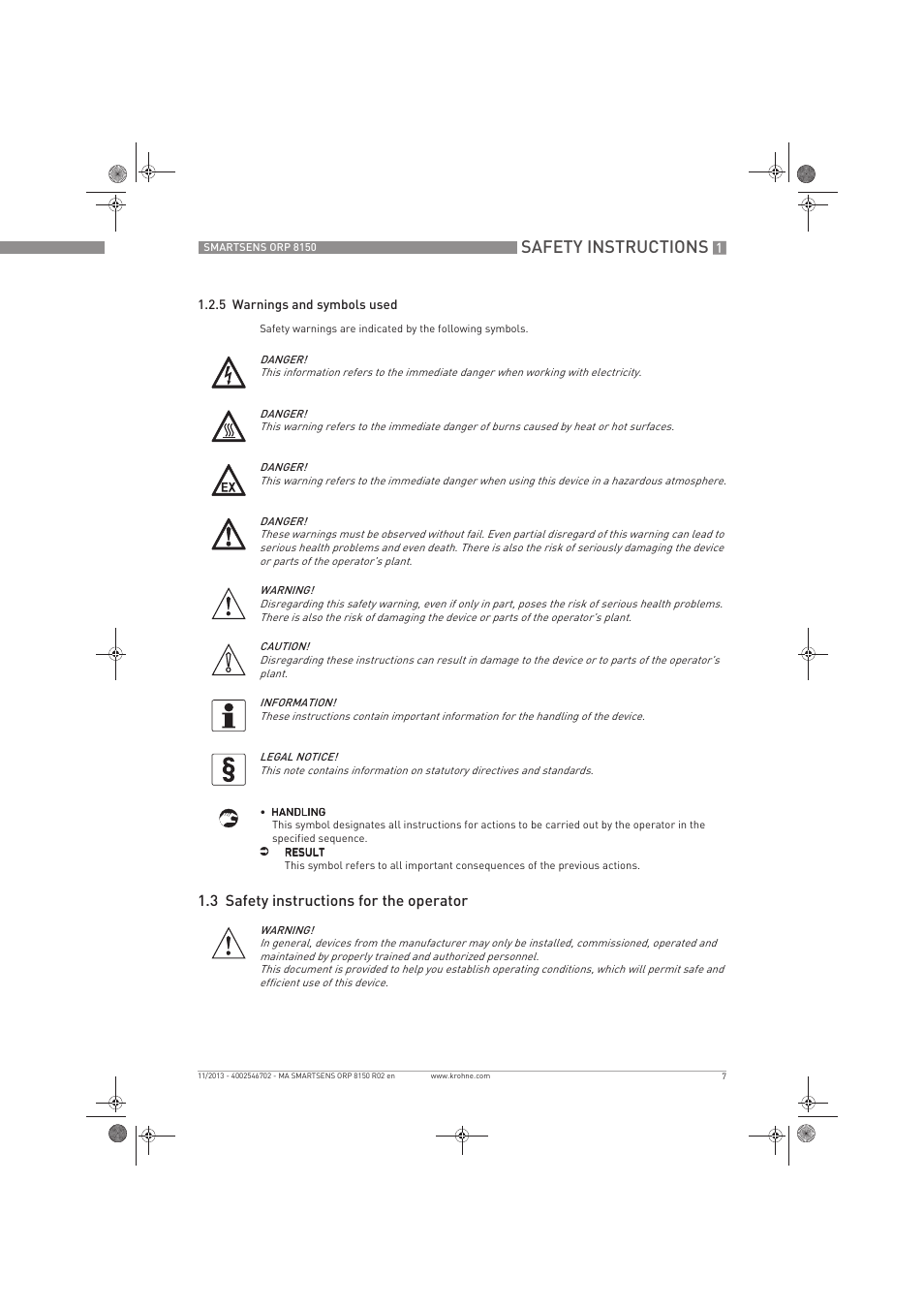 Safety instructions, 3 safety instructions for the operator | KROHNE SMARTSENS ORP 8150 EN User Manual | Page 7 / 36