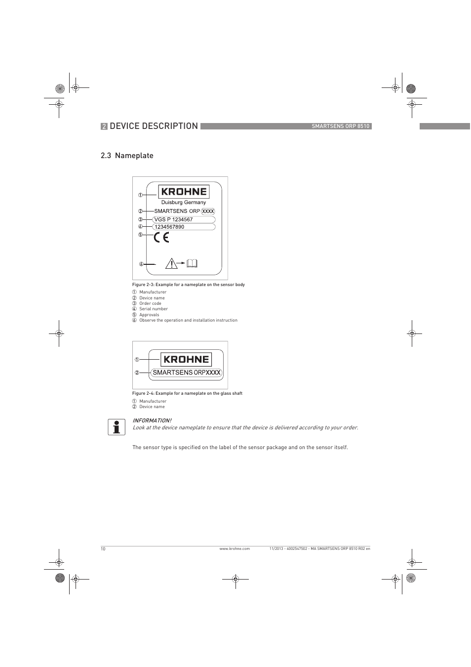 Device description, 3 nameplate | KROHNE SMARTSENS ORP 8510 EN User Manual | Page 10 / 40