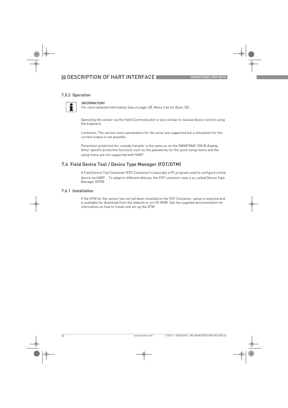 Description of hart interface | KROHNE SMARTSENS ORP 8510 EN User Manual | Page 32 / 40