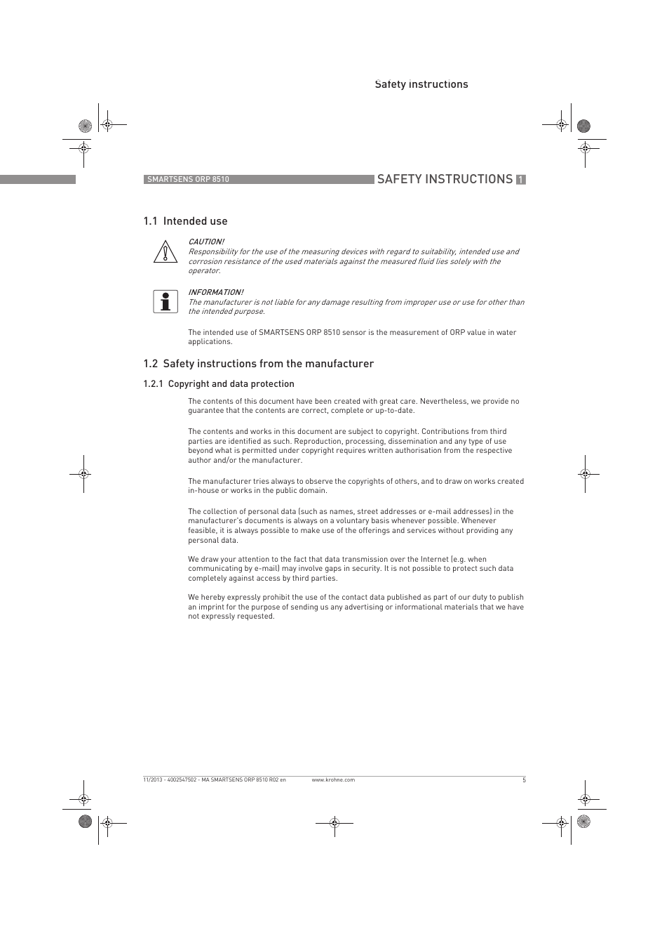 Safety instructions, Safety instructions 1.1 intended use, 2 safety instructions from the manufacturer | KROHNE SMARTSENS ORP 8510 EN User Manual | Page 5 / 40