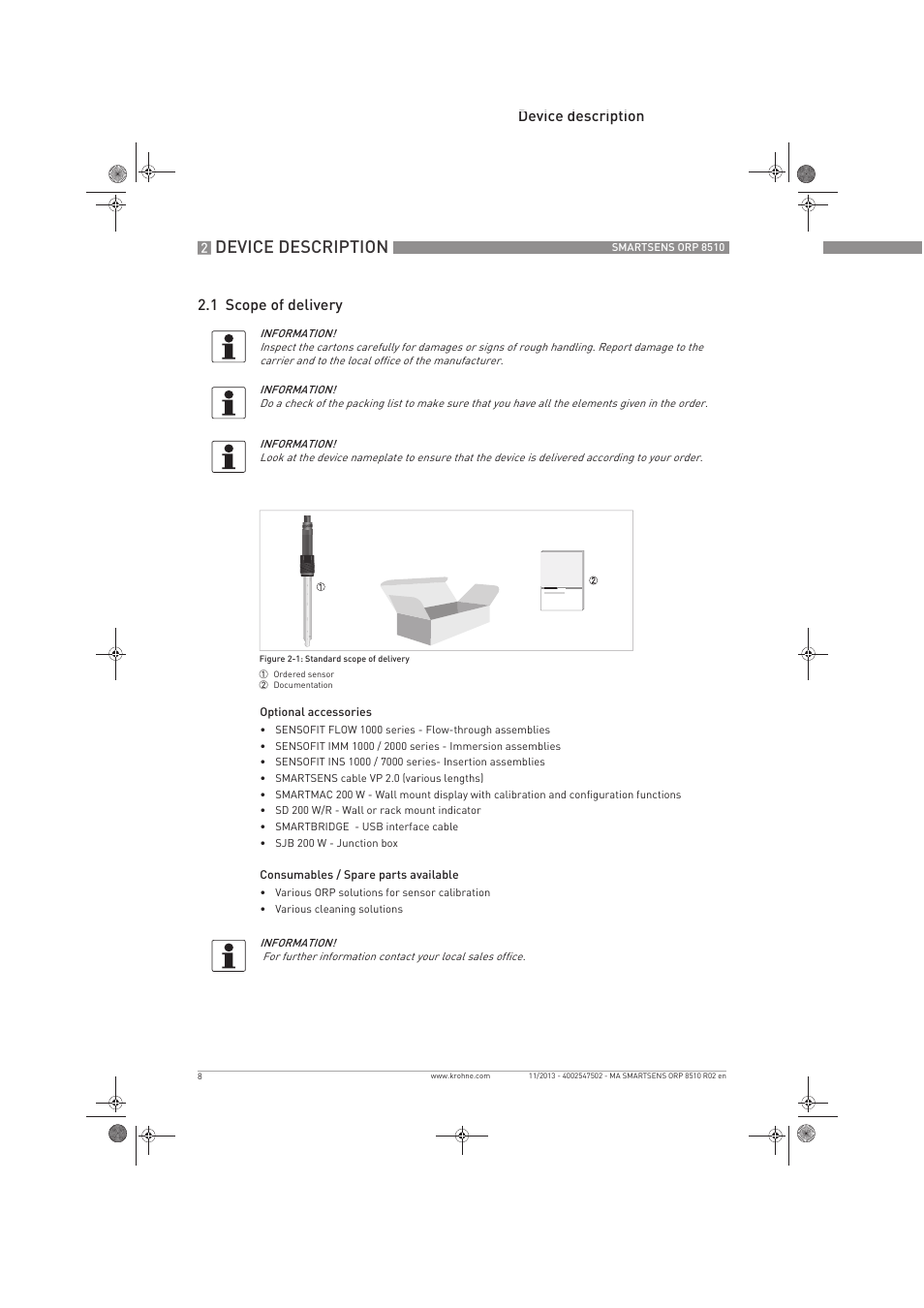 Device description, Device description 2.1 scope of delivery | KROHNE SMARTSENS ORP 8510 EN User Manual | Page 8 / 40