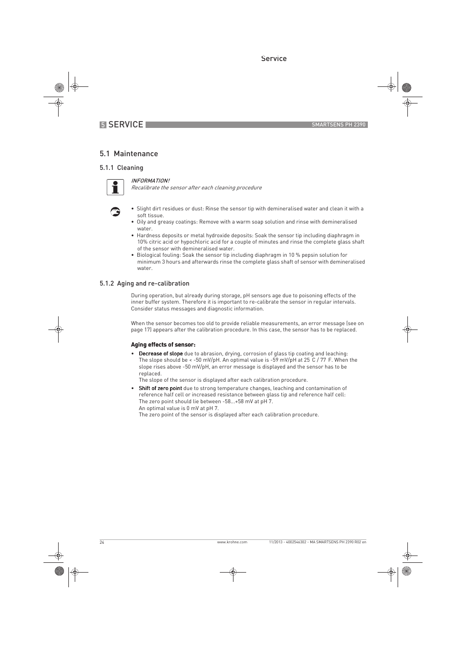 Service, Service 5.1 maintenance | KROHNE SMARTSENS PH 2390 EN User Manual | Page 24 / 44