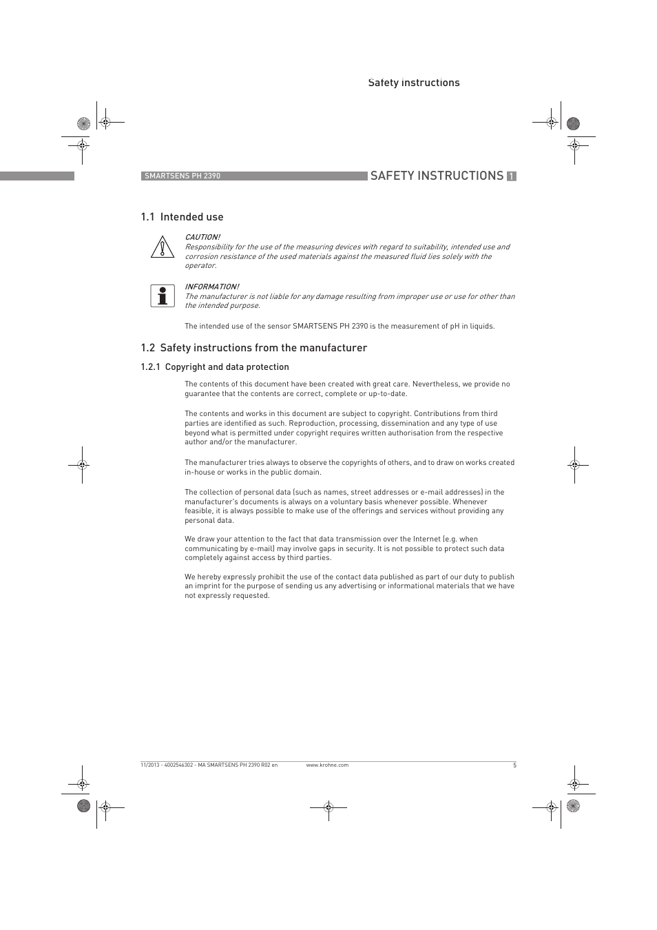 Safety instructions, Safety instructions 1.1 intended use, 2 safety instructions from the manufacturer | KROHNE SMARTSENS PH 2390 EN User Manual | Page 5 / 44