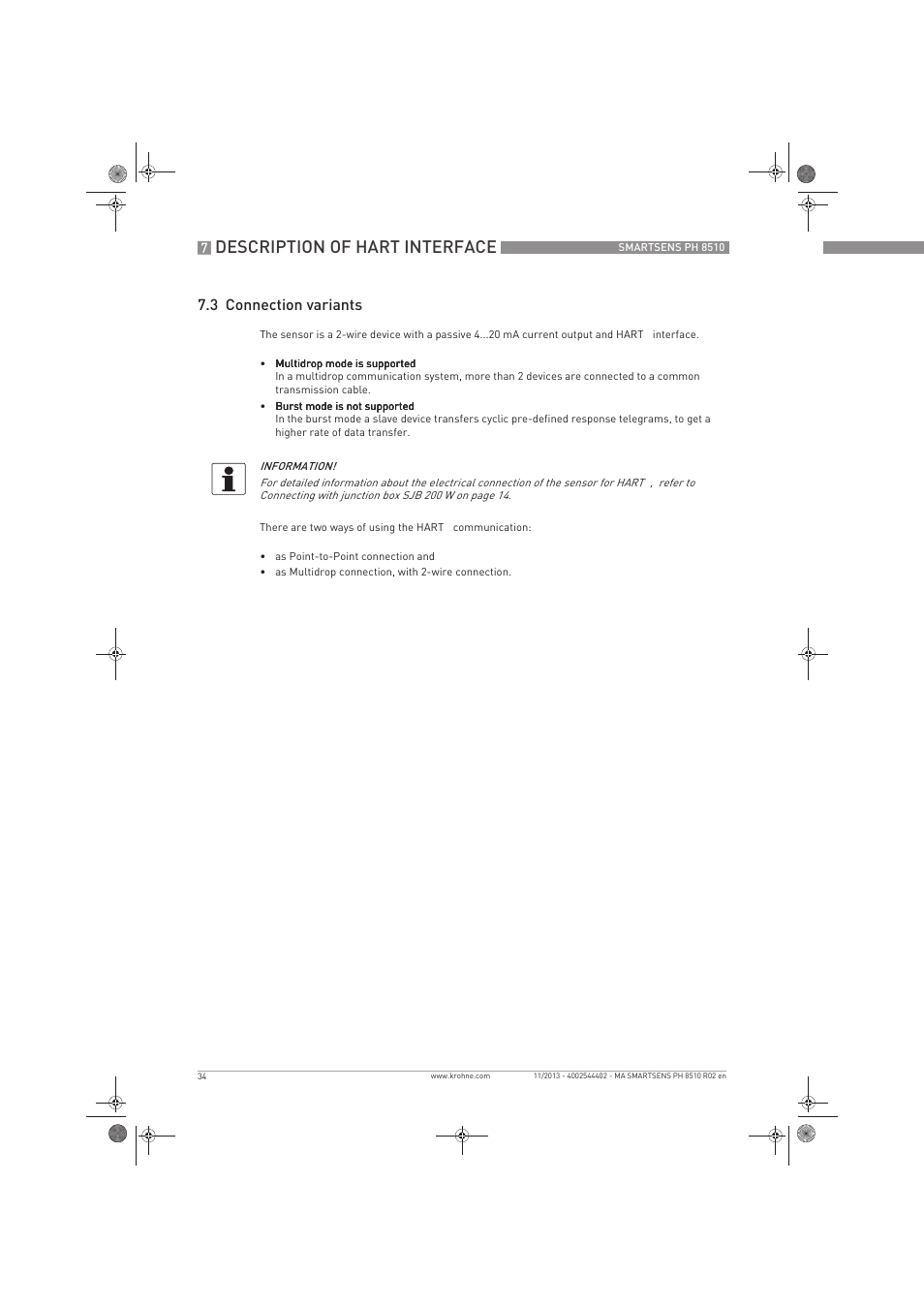 Description of hart interface, 3 connection variants | KROHNE SMARTSENS PH 8510 EN User Manual | Page 34 / 44