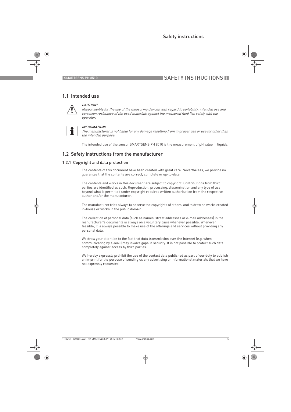 Safety instructions, Safety instructions 1.1 intended use, 2 safety instructions from the manufacturer | KROHNE SMARTSENS PH 8510 EN User Manual | Page 5 / 44