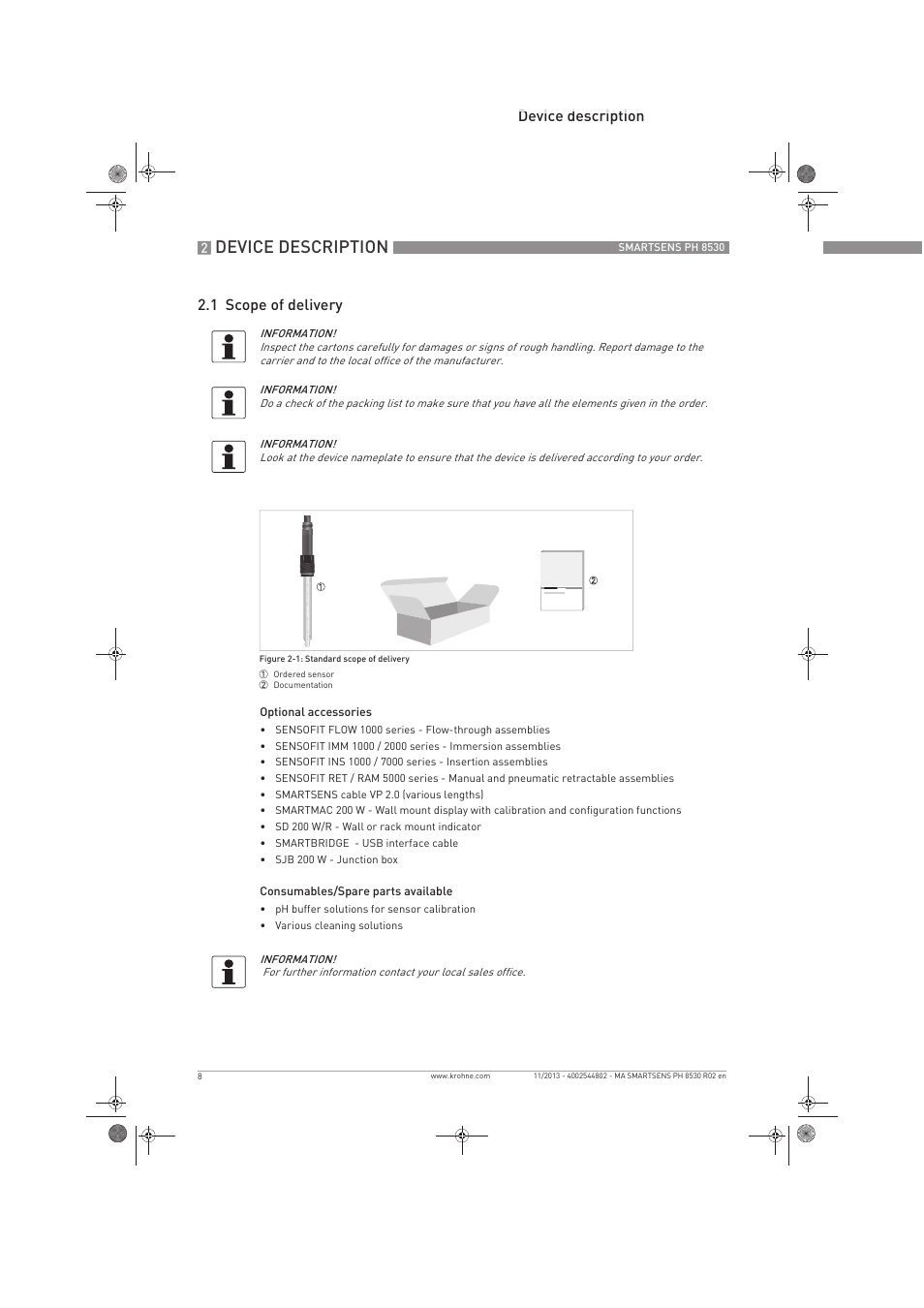 Device description, Device description 2.1 scope of delivery | KROHNE SMARTSENS PH 8530 EN User Manual | Page 8 / 44