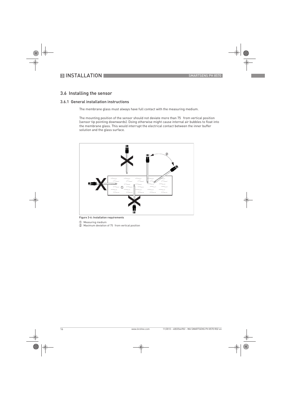 Installation, 6 installing the sensor | KROHNE SMARTSENS PH 8570 EN User Manual | Page 16 / 44