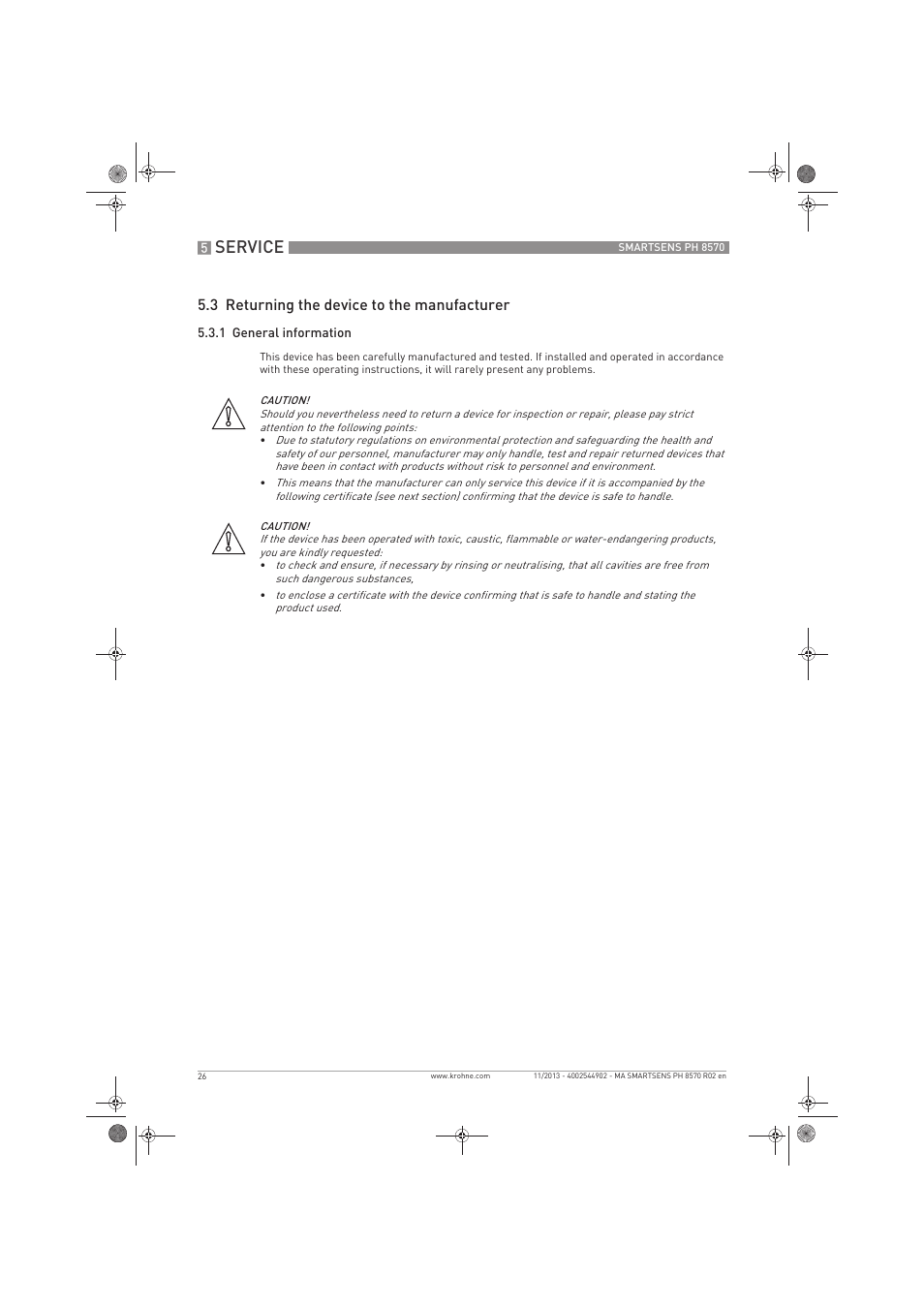 Service, 3 returning the device to the manufacturer | KROHNE SMARTSENS PH 8570 EN User Manual | Page 26 / 44