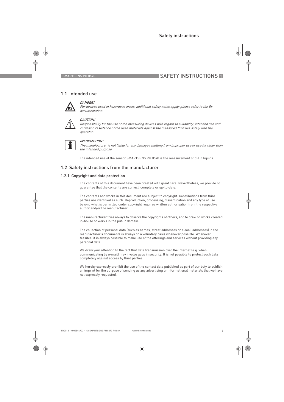 Safety instructions, Safety instructions 1.1 intended use, 2 safety instructions from the manufacturer | KROHNE SMARTSENS PH 8570 EN User Manual | Page 5 / 44