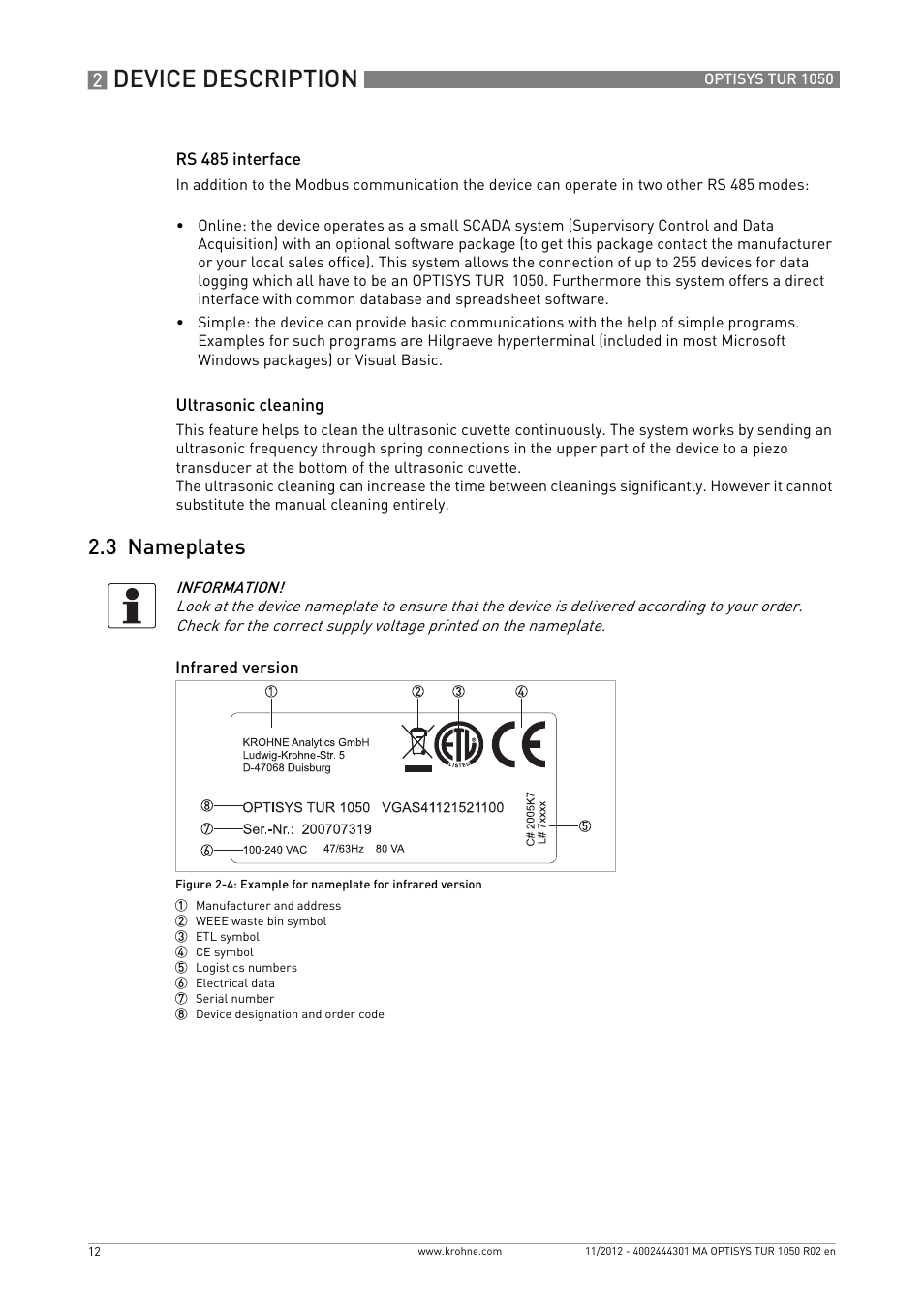 3 nameplates, Device description | KROHNE OPTISYS TUR 1050 EN User Manual | Page 12 / 60