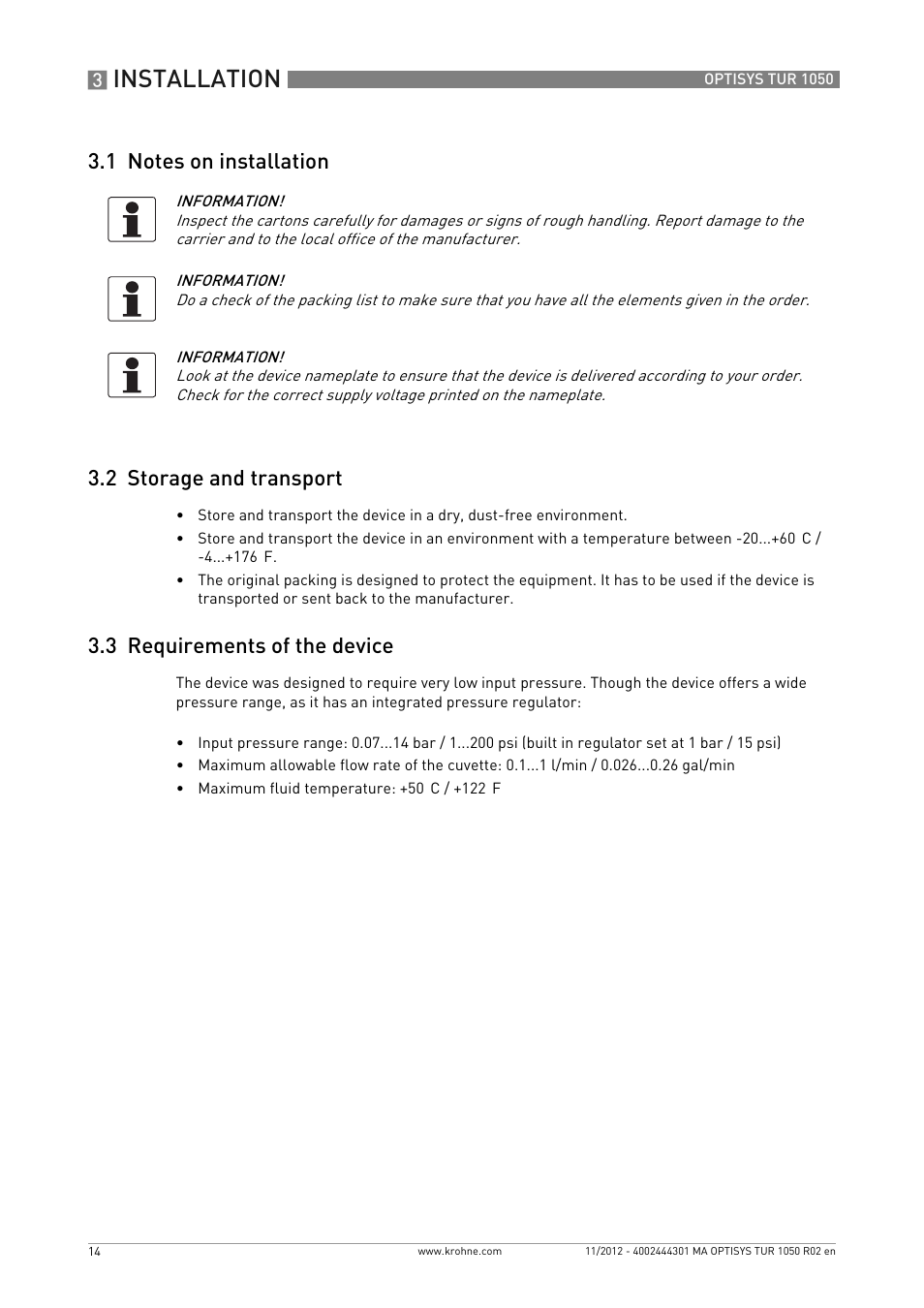 1 notes on installation, 2 storage and transport, 3 requirements of the device | Installation | KROHNE OPTISYS TUR 1050 EN User Manual | Page 14 / 60