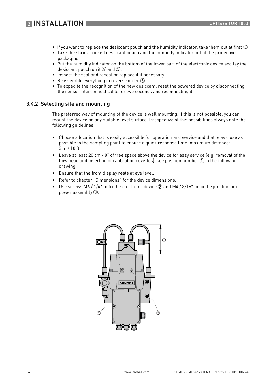 2 selecting site and mounting, Installation | KROHNE OPTISYS TUR 1050 EN User Manual | Page 16 / 60
