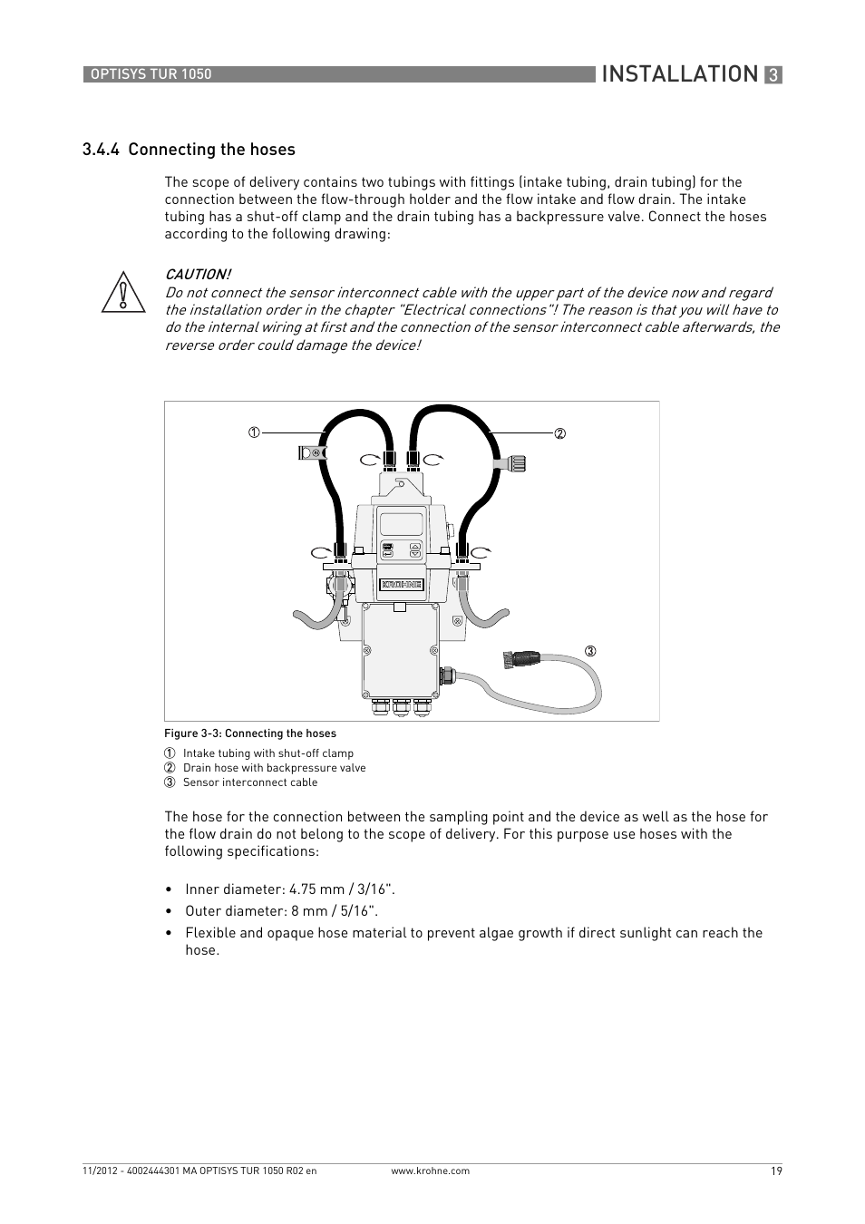 4 connecting the hoses, Installation | KROHNE OPTISYS TUR 1050 EN User Manual | Page 19 / 60