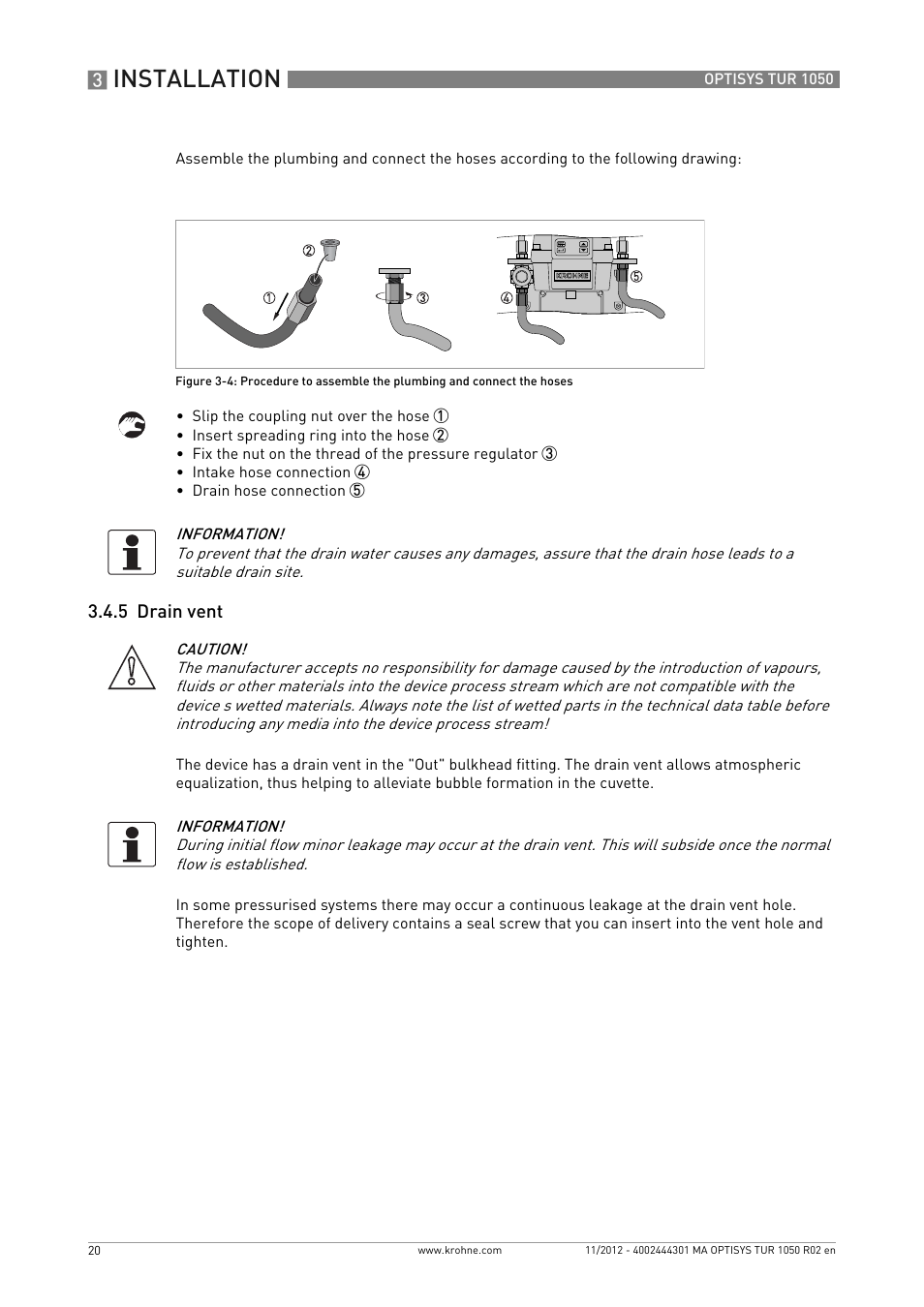 5 drain vent, Installation | KROHNE OPTISYS TUR 1050 EN User Manual | Page 20 / 60