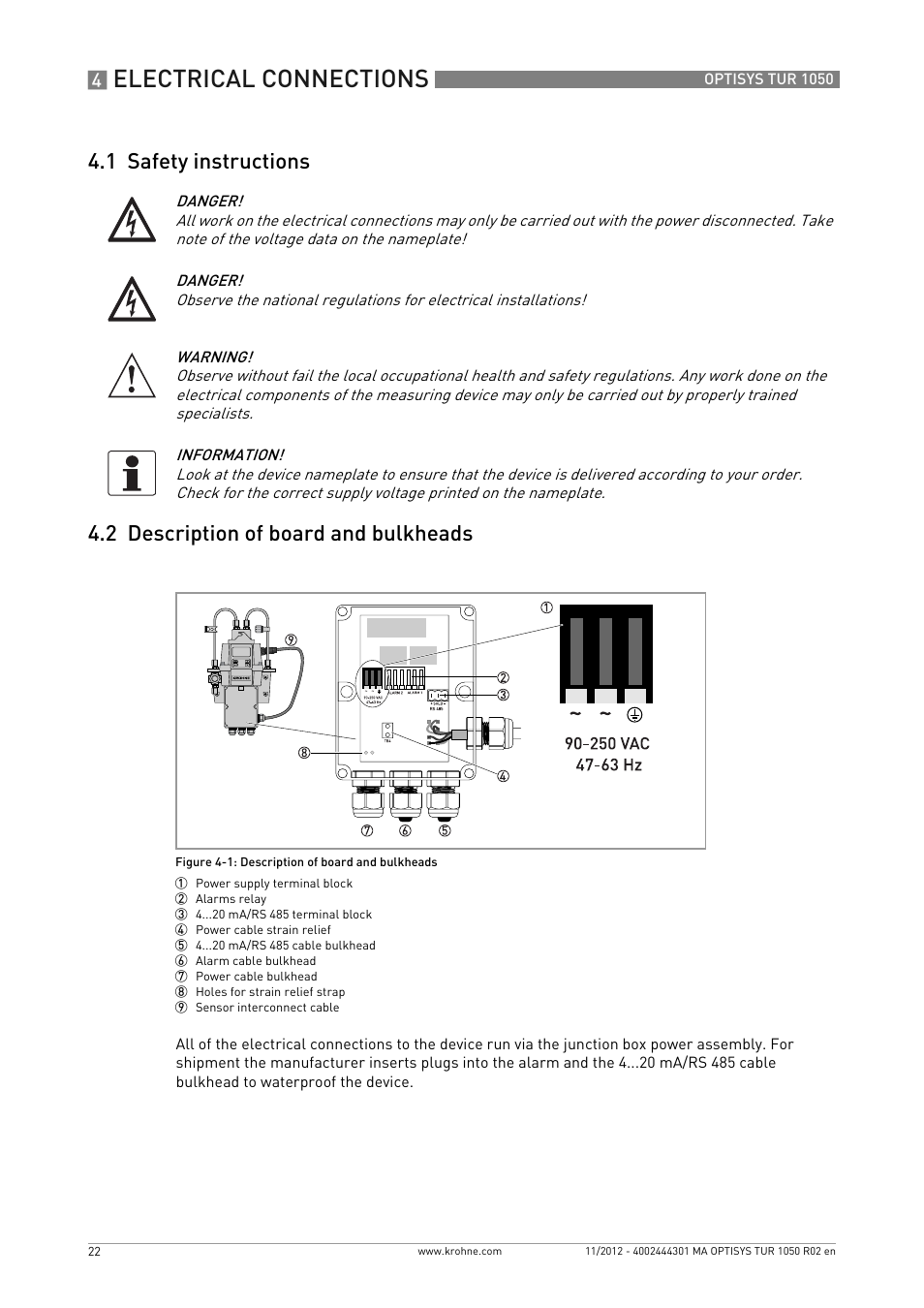 1 safety instructions, 2 description of board and bulkheads, Electrical connections | KROHNE OPTISYS TUR 1050 EN User Manual | Page 22 / 60