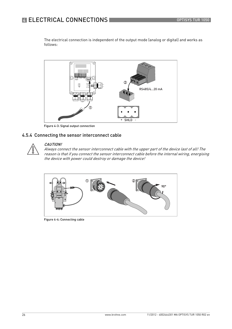 4 connecting the sensor interconnect cable, Electrical connections | KROHNE OPTISYS TUR 1050 EN User Manual | Page 26 / 60