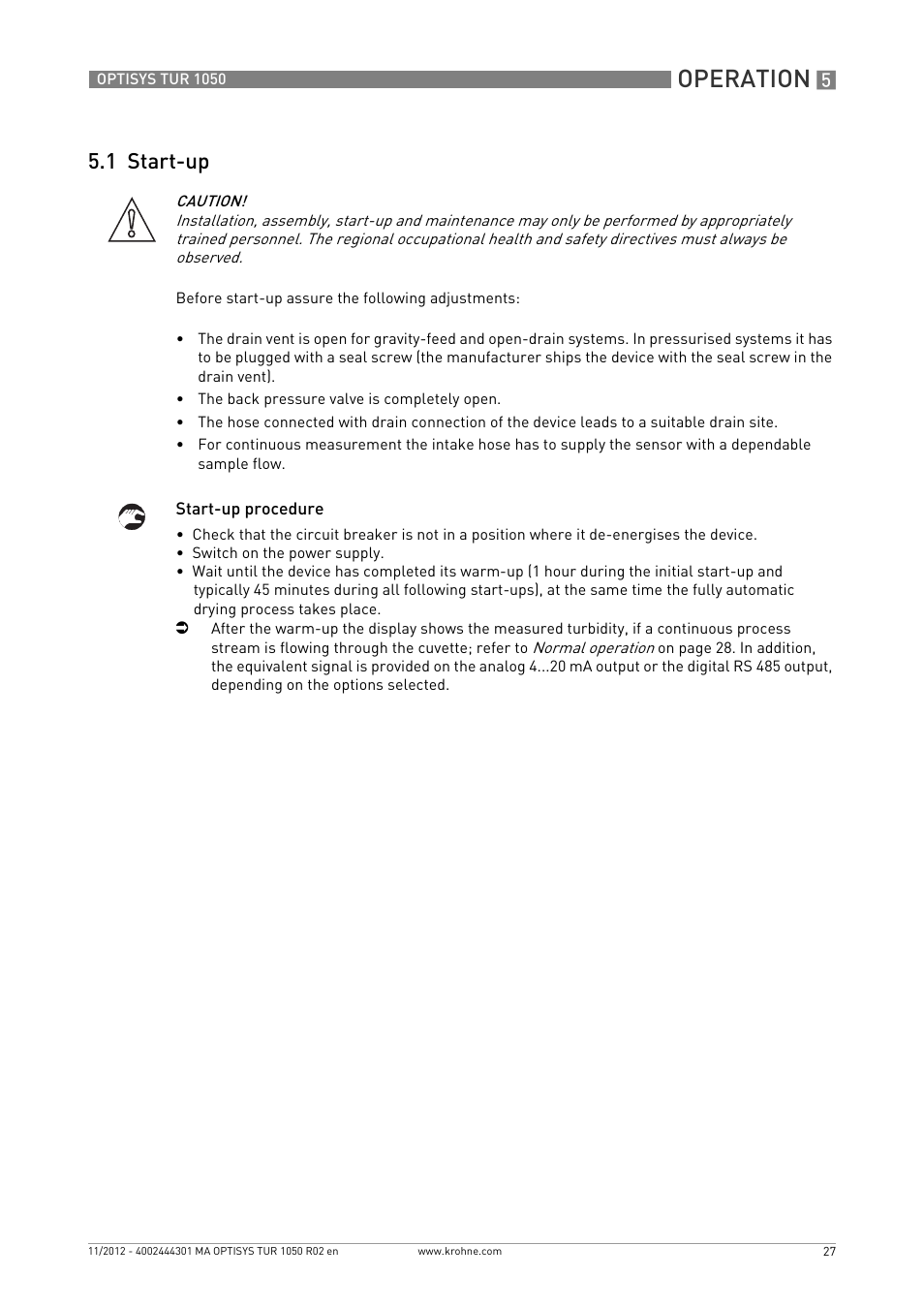 1 start-up, Operation | KROHNE OPTISYS TUR 1050 EN User Manual | Page 27 / 60