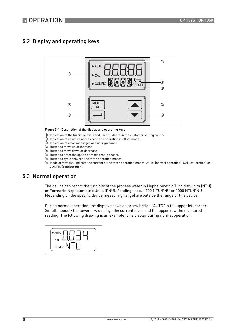 2 display and operating keys, 3 normal operation, Operation | 2 display and operating keys 5.3 normal operation | KROHNE OPTISYS TUR 1050 EN User Manual | Page 28 / 60