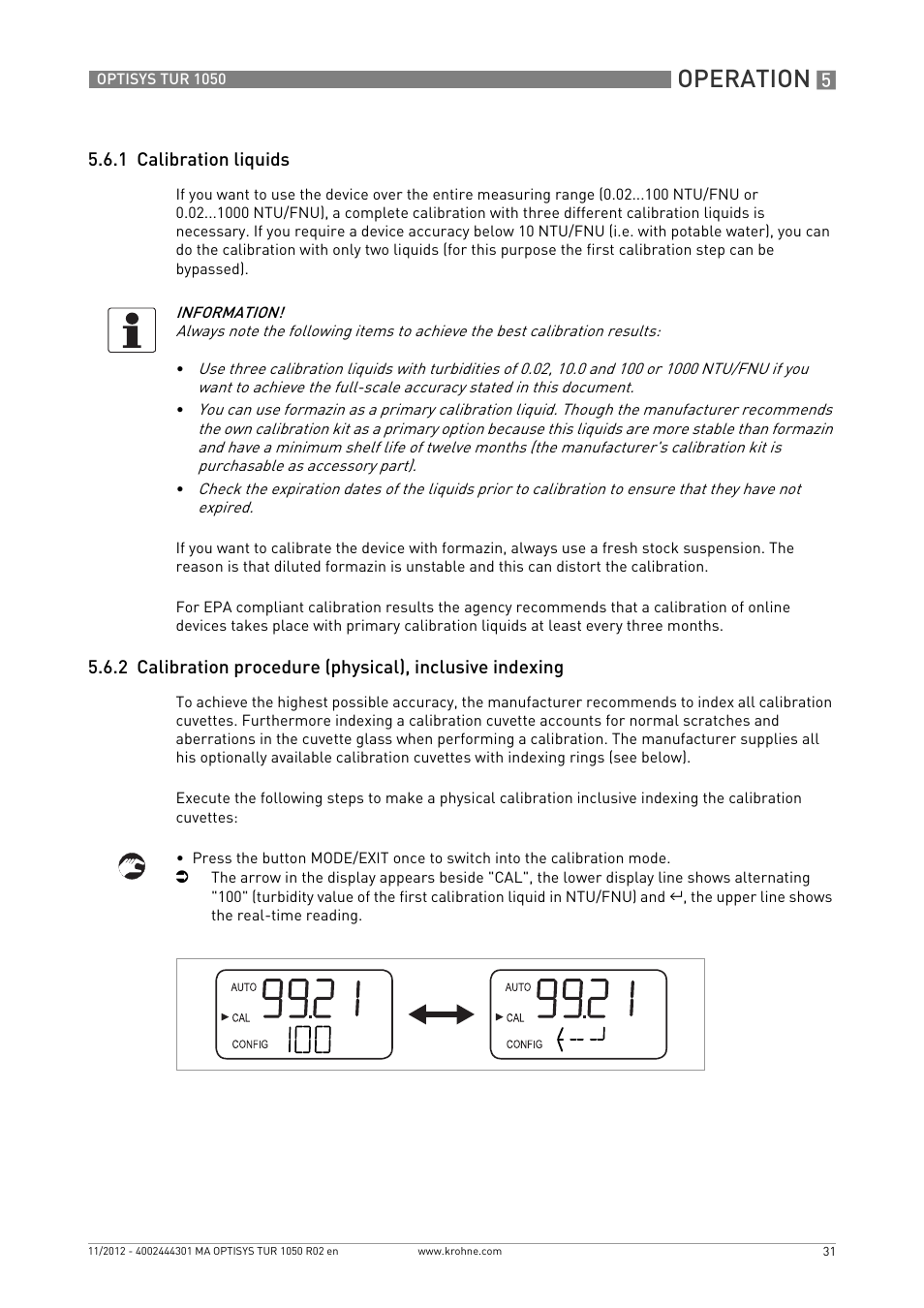 1 calibration liquids, Operation | KROHNE OPTISYS TUR 1050 EN User Manual | Page 31 / 60