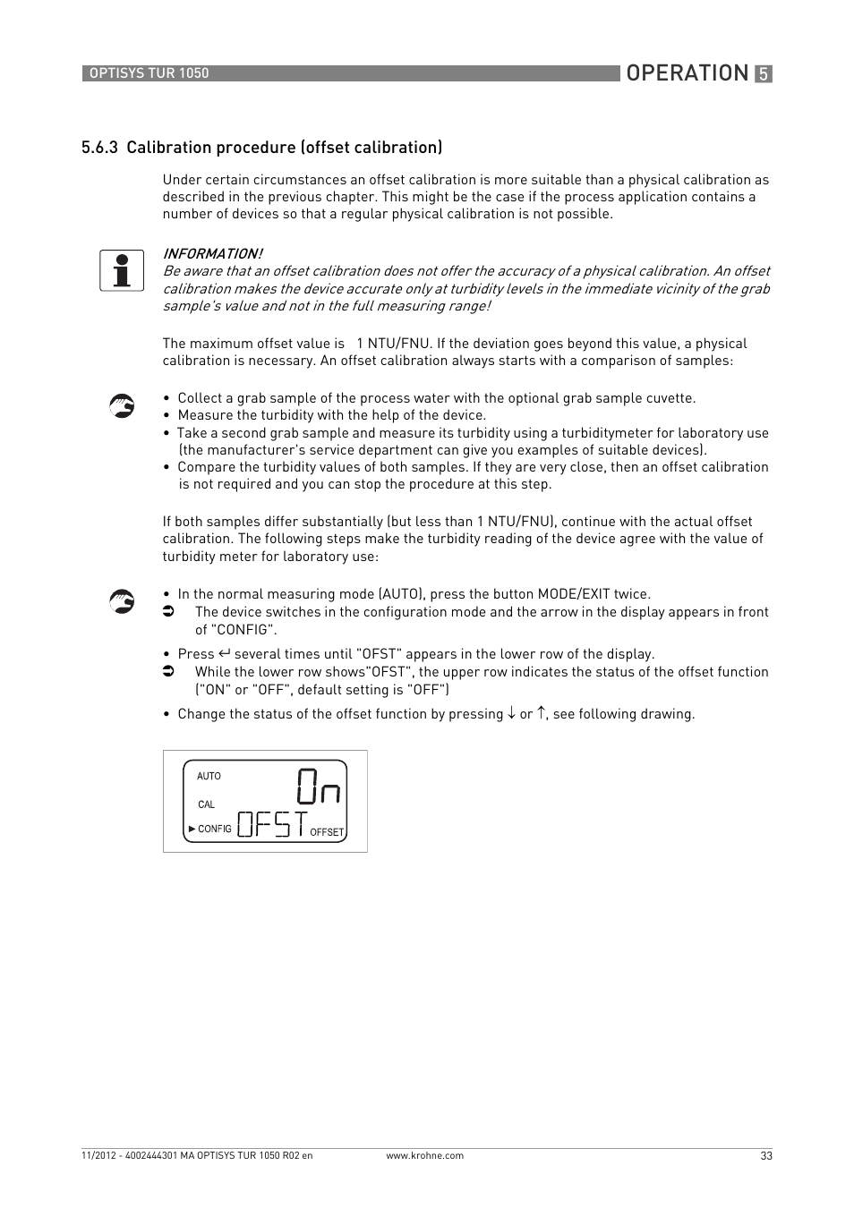 3 calibration procedure (offset calibration), Operation | KROHNE OPTISYS TUR 1050 EN User Manual | Page 33 / 60