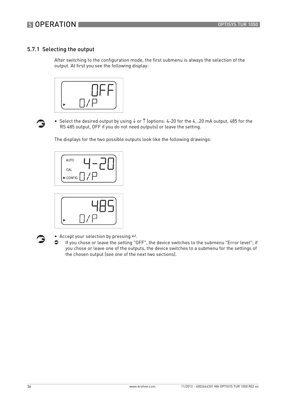 1 selecting the output, Operation | KROHNE OPTISYS TUR 1050 EN User Manual | Page 36 / 60