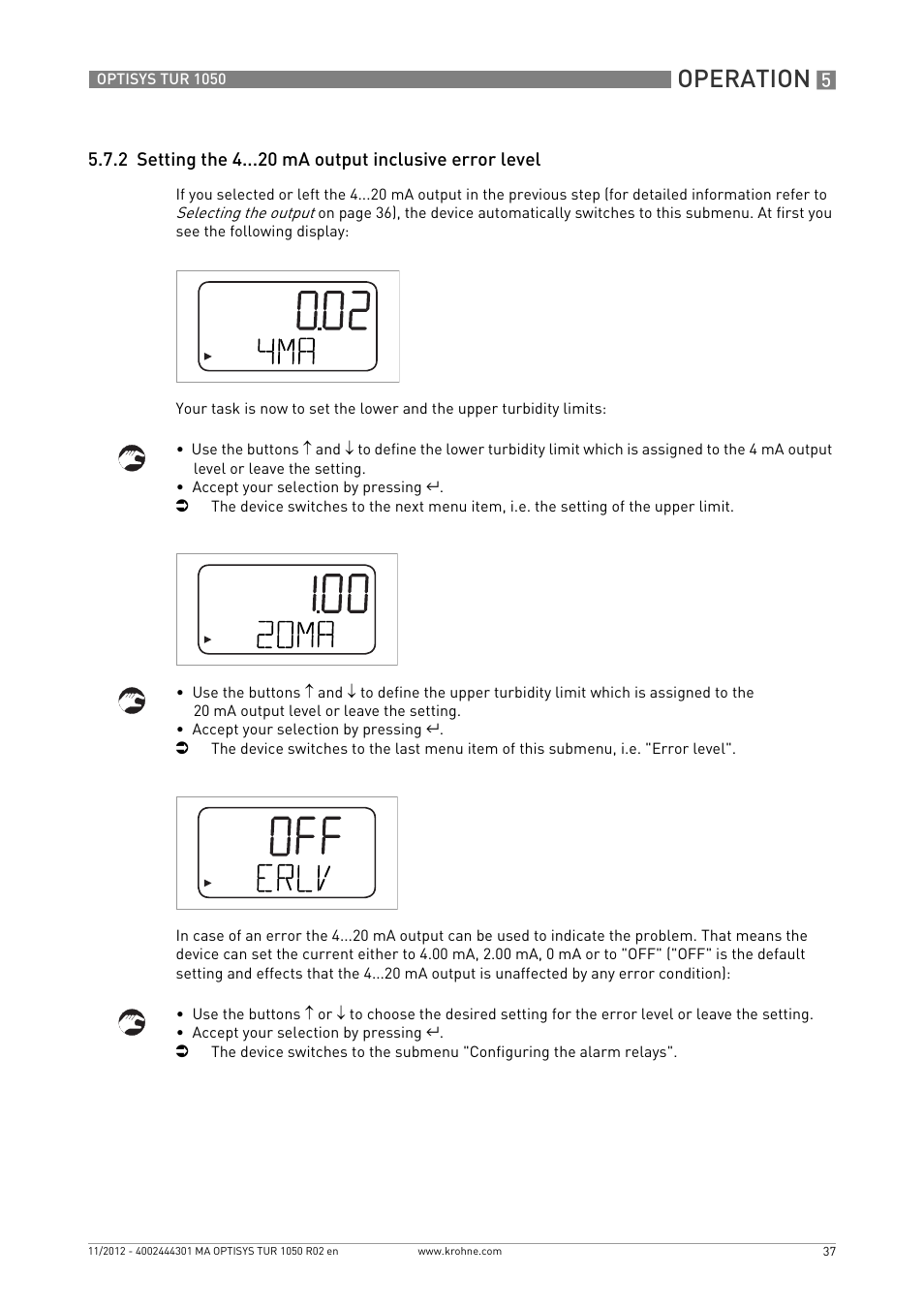 2 setting the 4 ma output inclusive error level, Operation | KROHNE OPTISYS TUR 1050 EN User Manual | Page 37 / 60