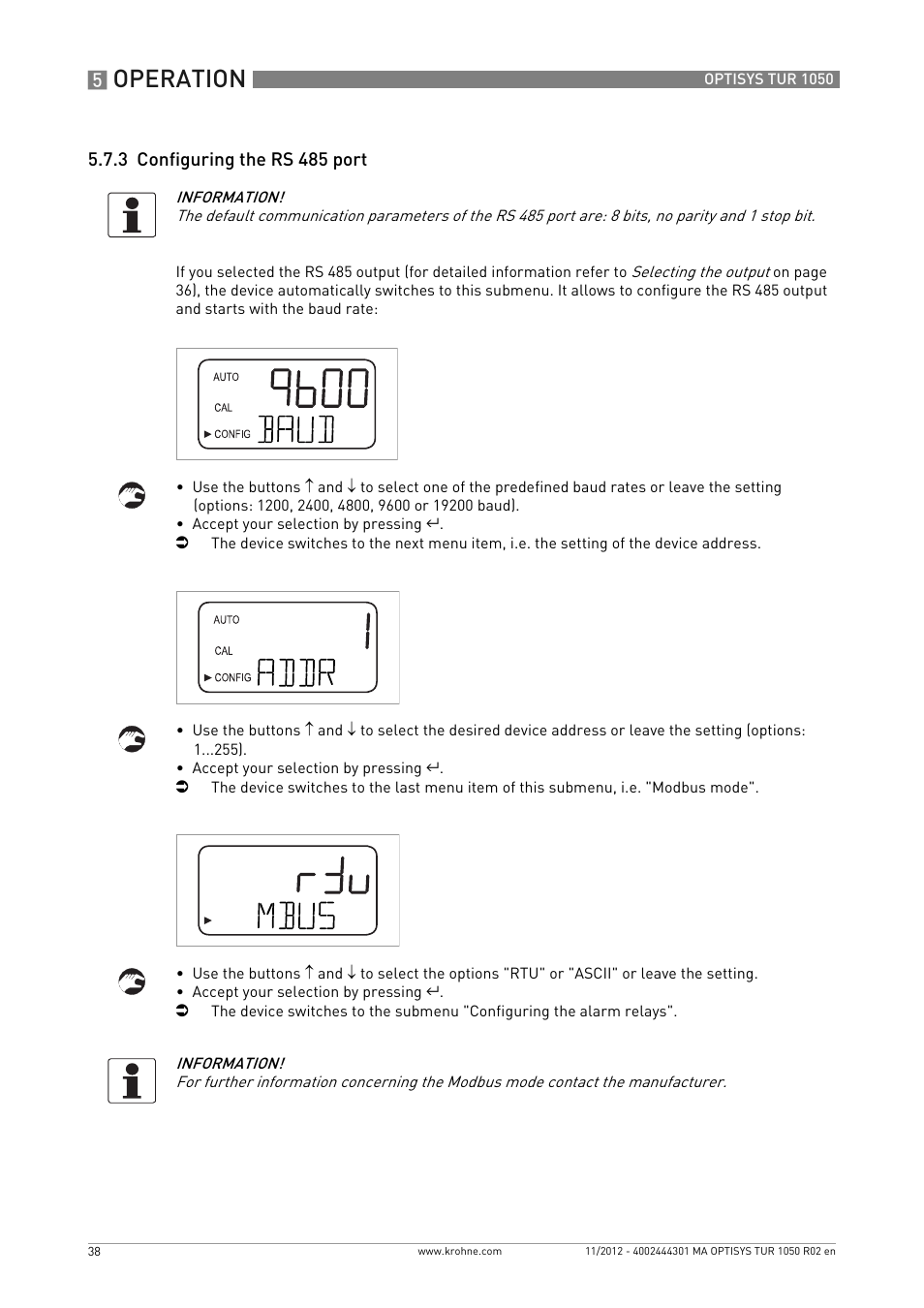 3 configuring the rs 485 port, Operation | KROHNE OPTISYS TUR 1050 EN User Manual | Page 38 / 60