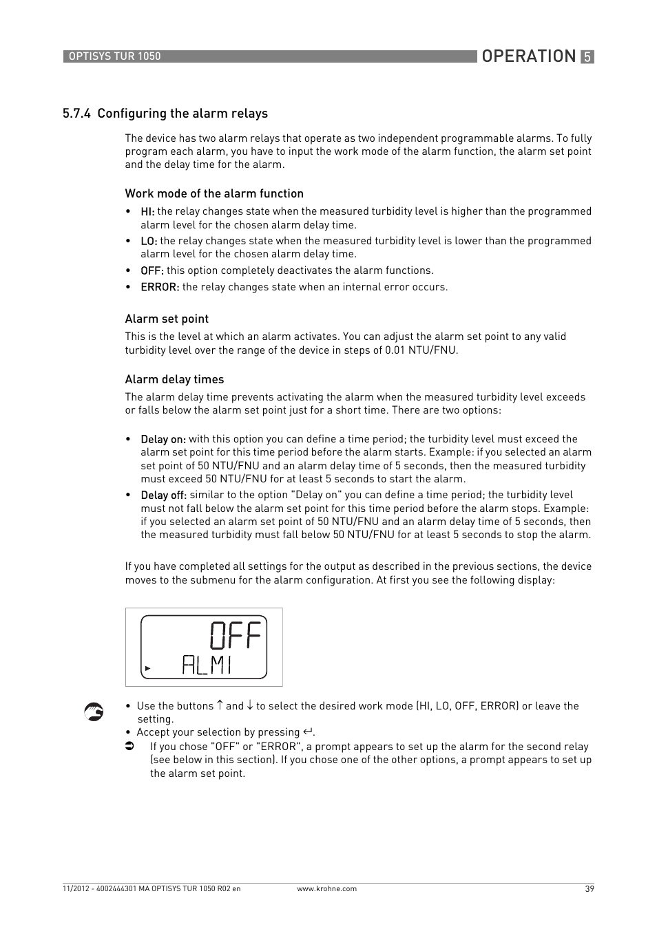 4 configuring the alarm relays, Operation | KROHNE OPTISYS TUR 1050 EN User Manual | Page 39 / 60