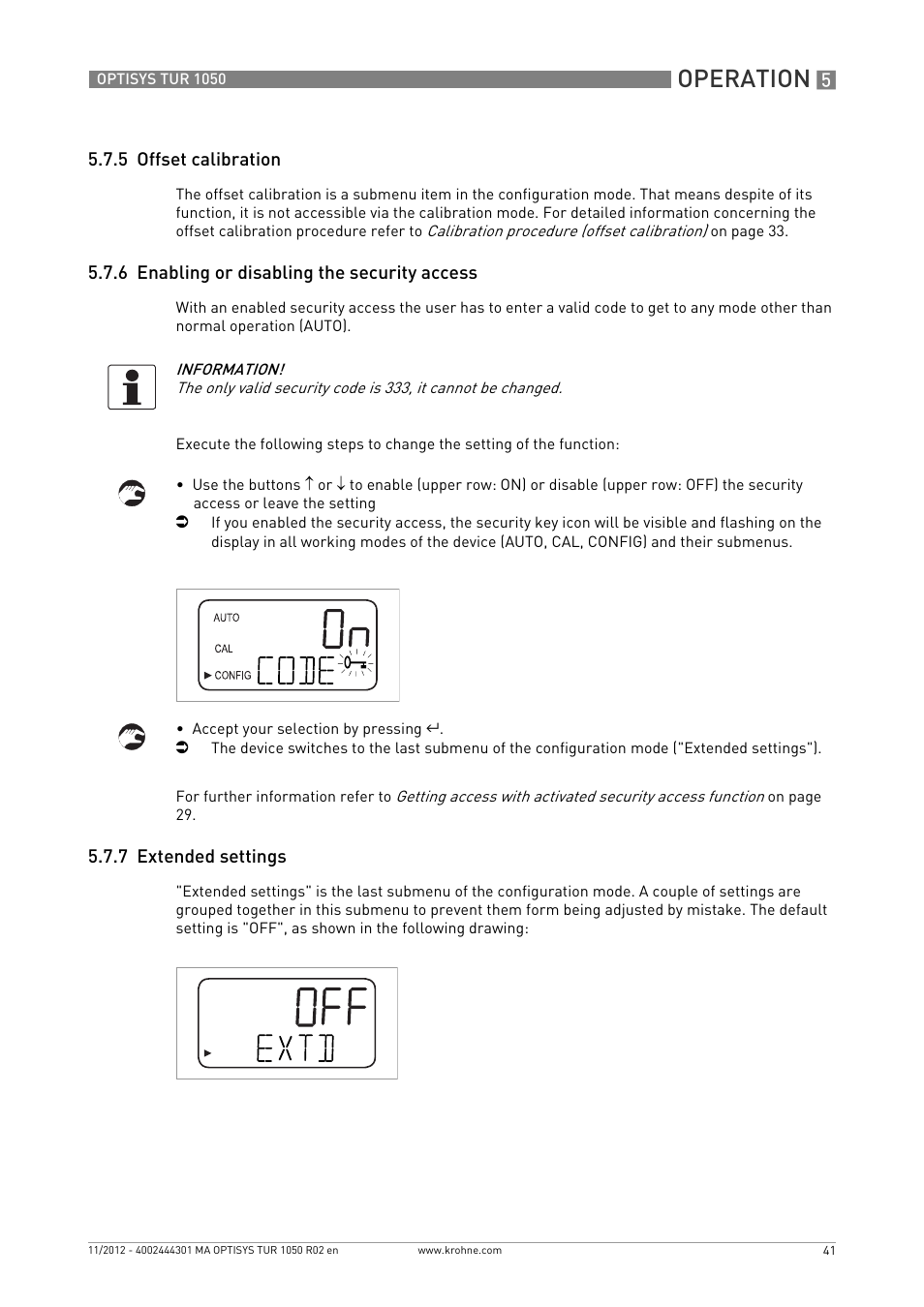 5 offset calibration, 6 enabling or disabling the security access, 7 extended settings | Operation | KROHNE OPTISYS TUR 1050 EN User Manual | Page 41 / 60