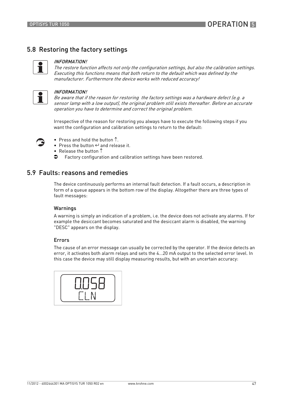 8 restoring the factory settings, 9 faults: reasons and remedies, Operation | KROHNE OPTISYS TUR 1050 EN User Manual | Page 47 / 60