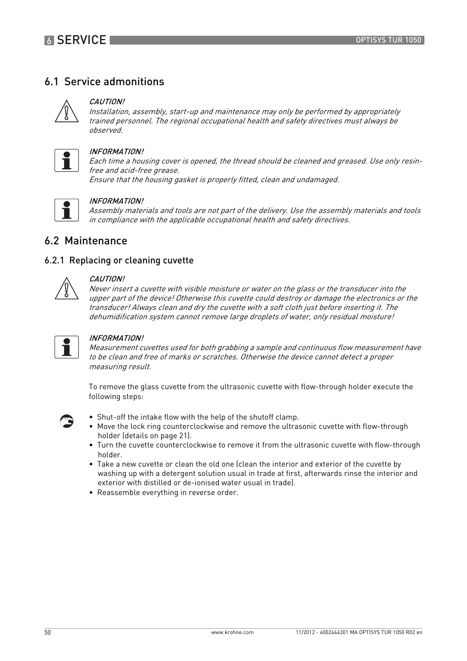 1 service admonitions, 2 maintenance, 1 replacing or cleaning cuvette | 50) an, Service, 1 service admonitions 6.2 maintenance | KROHNE OPTISYS TUR 1050 EN User Manual | Page 50 / 60