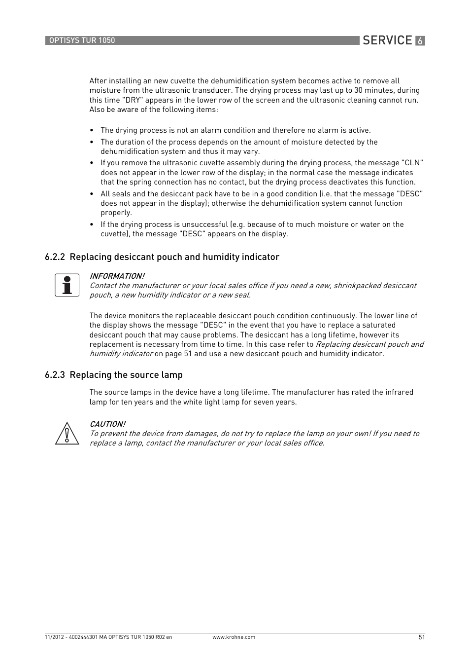 2 replacing desiccant pouch and humidity indicator, 3 replacing the source lamp, Service | KROHNE OPTISYS TUR 1050 EN User Manual | Page 51 / 60