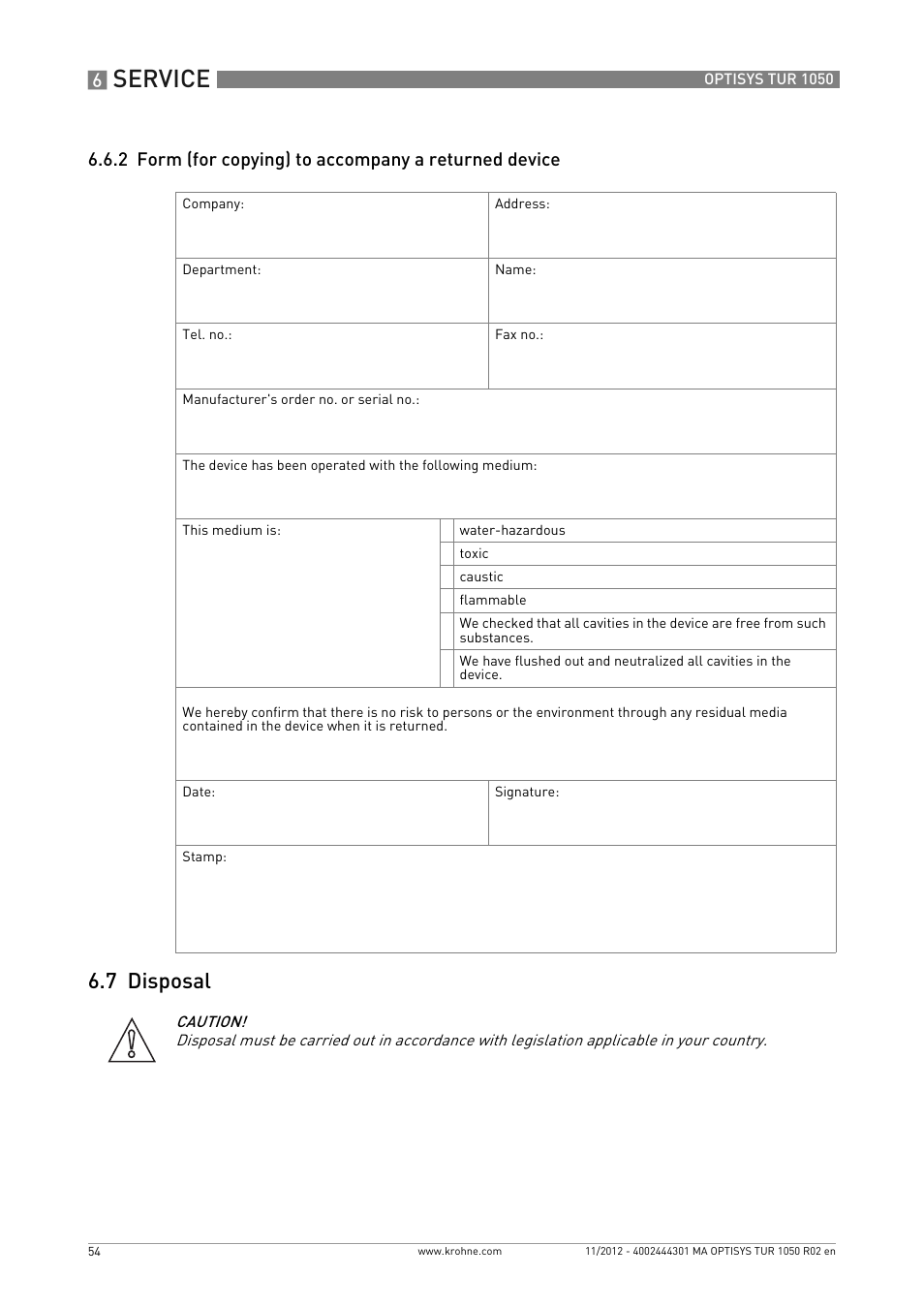 7 disposal, Service | KROHNE OPTISYS TUR 1050 EN User Manual | Page 54 / 60