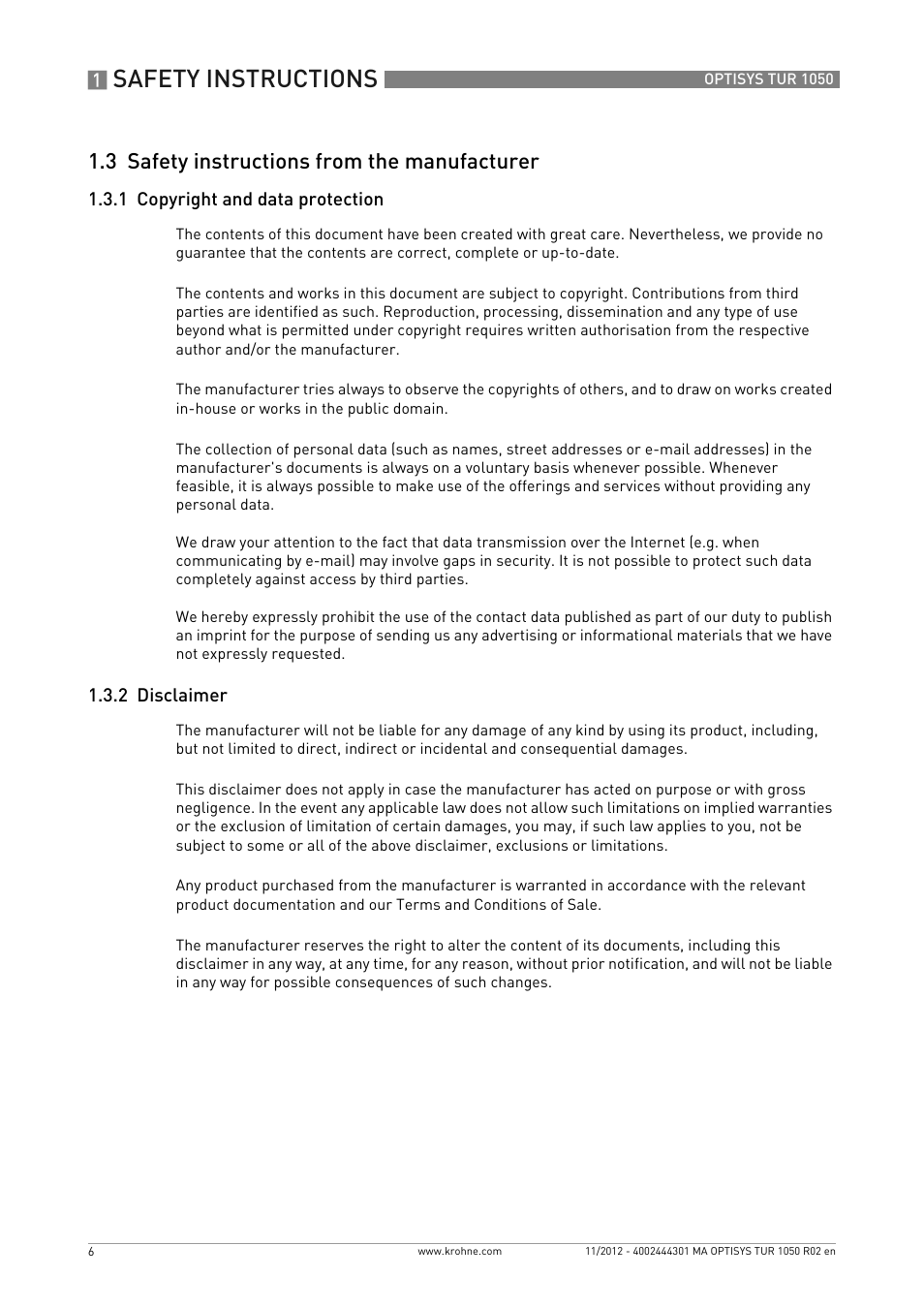 3 safety instructions from the manufacturer, 1 copyright and data protection, 2 disclaimer | Safety instructions | KROHNE OPTISYS TUR 1050 EN User Manual | Page 6 / 60
