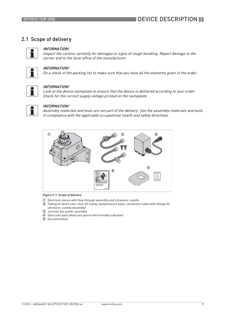 1 scope of delivery, Device description | KROHNE OPTISYS TUR 1050 EN User Manual | Page 9 / 60