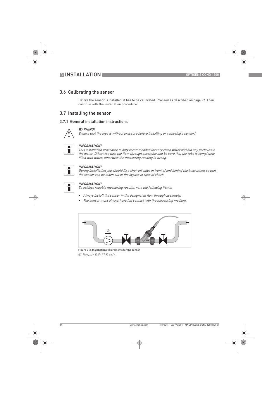 Installation, 6 calibrating the sensor, 7 installing the sensor | KROHNE OPTISENS COND 1200 EN User Manual | Page 16 / 44