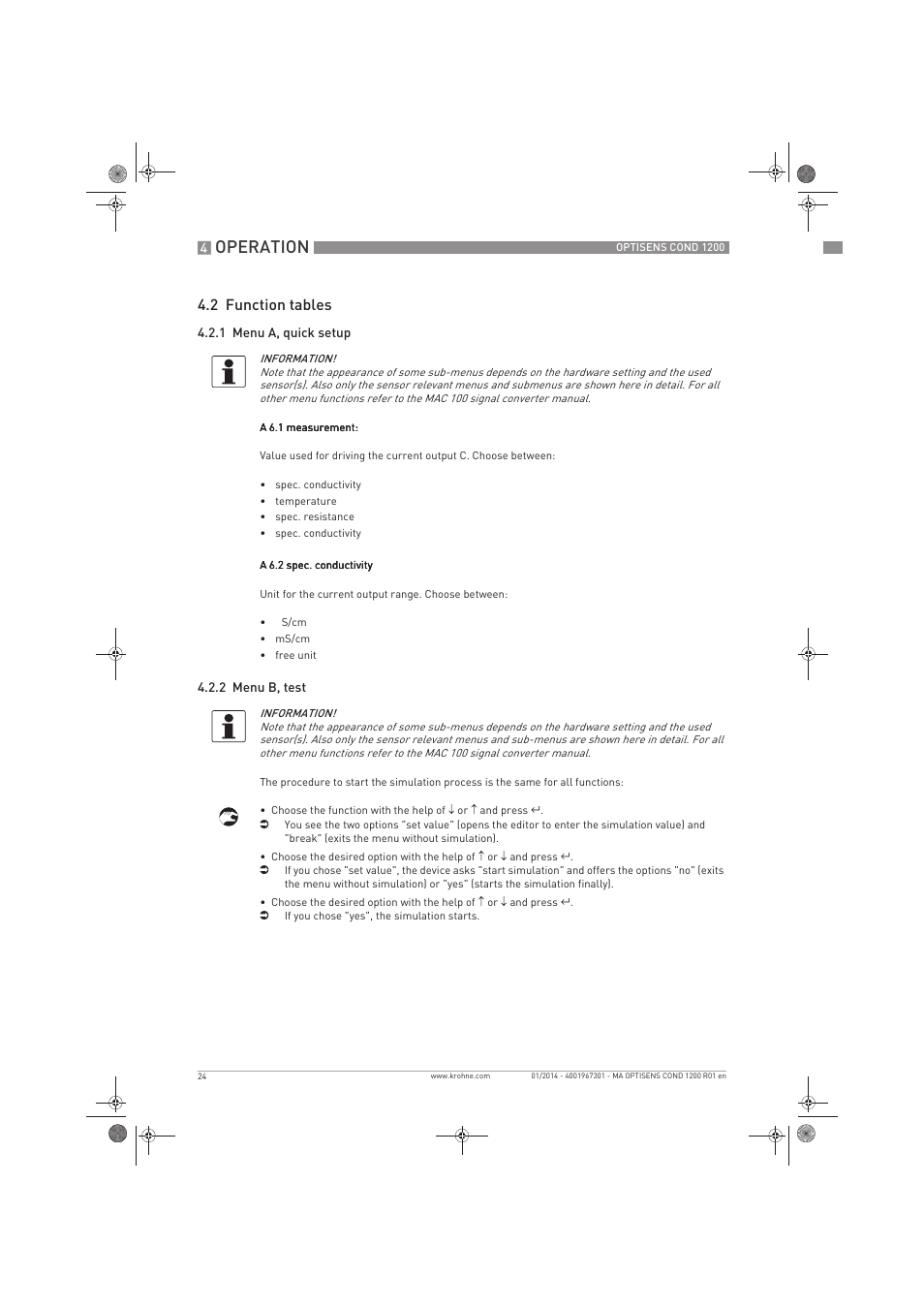 Operation, 2 function tables | KROHNE OPTISENS COND 1200 EN User Manual | Page 24 / 44