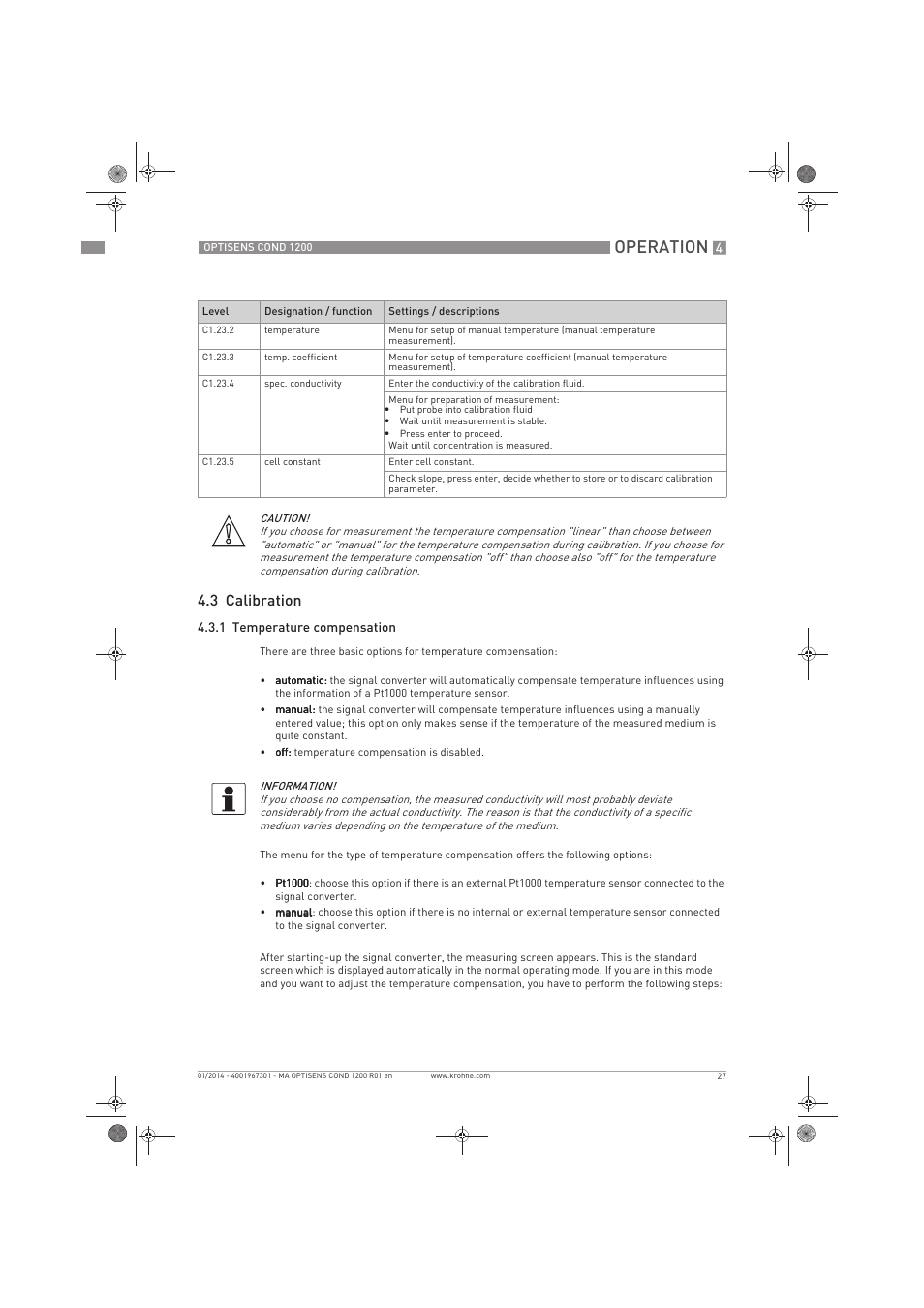 Operation, 3 calibration | KROHNE OPTISENS COND 1200 EN User Manual | Page 27 / 44