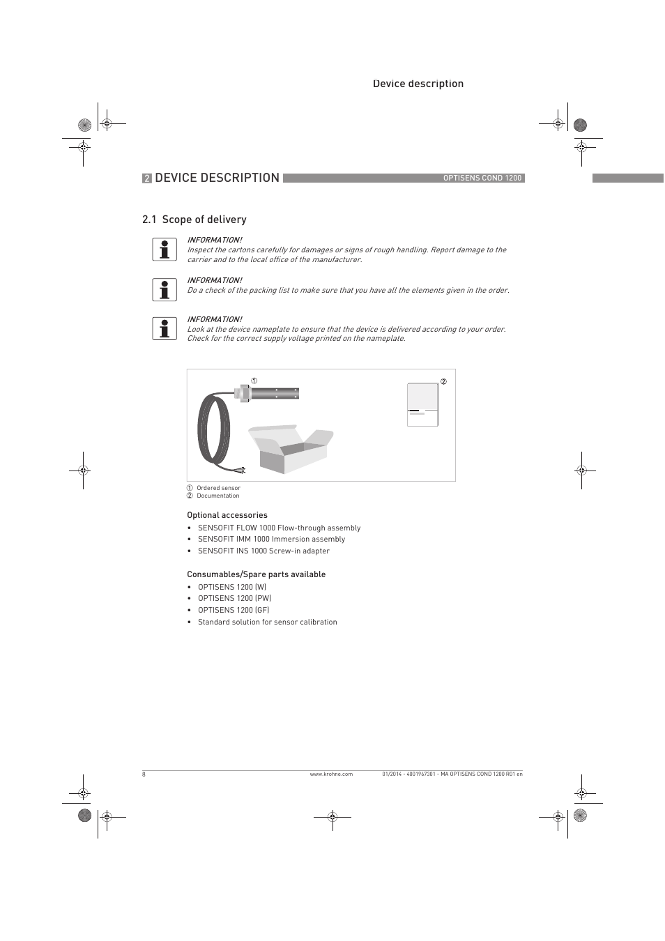 Device description, Device description 2.1 scope of delivery | KROHNE OPTISENS COND 1200 EN User Manual | Page 8 / 44